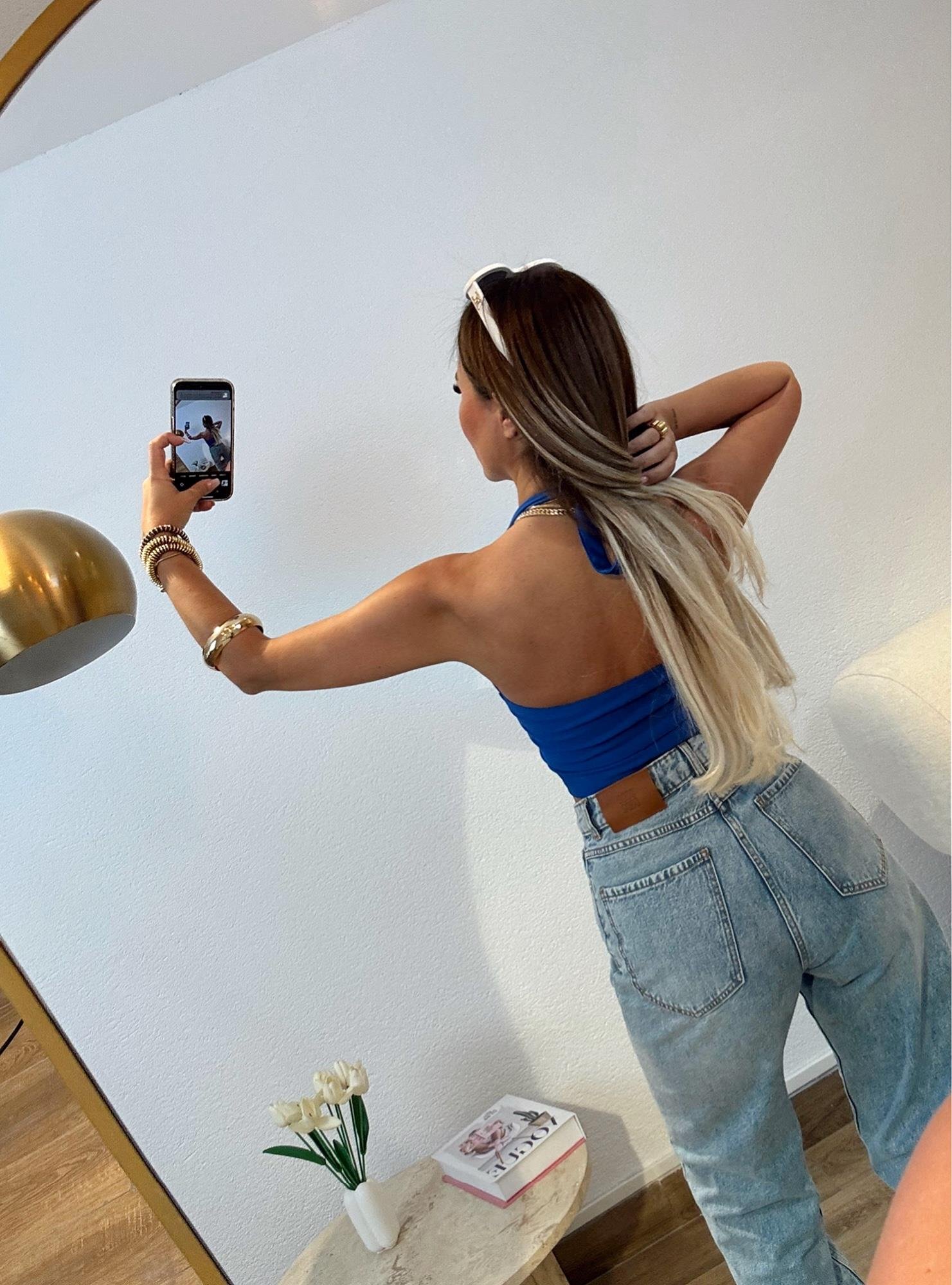 Orijinal Marka Boyundan Bağlamalı Saks Mavi Crop