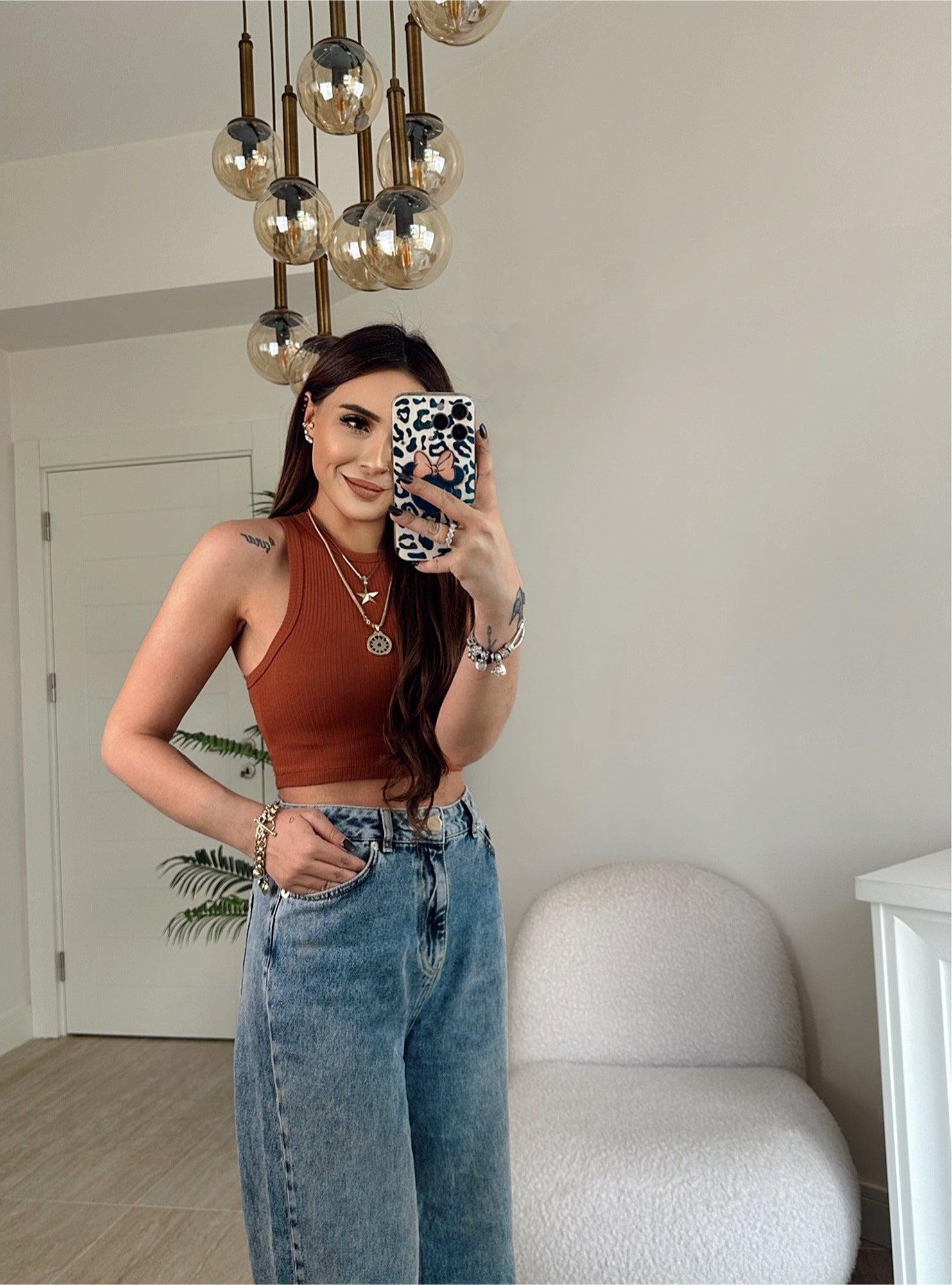 Orijinal Marka Halter Yaka Kahve Crop