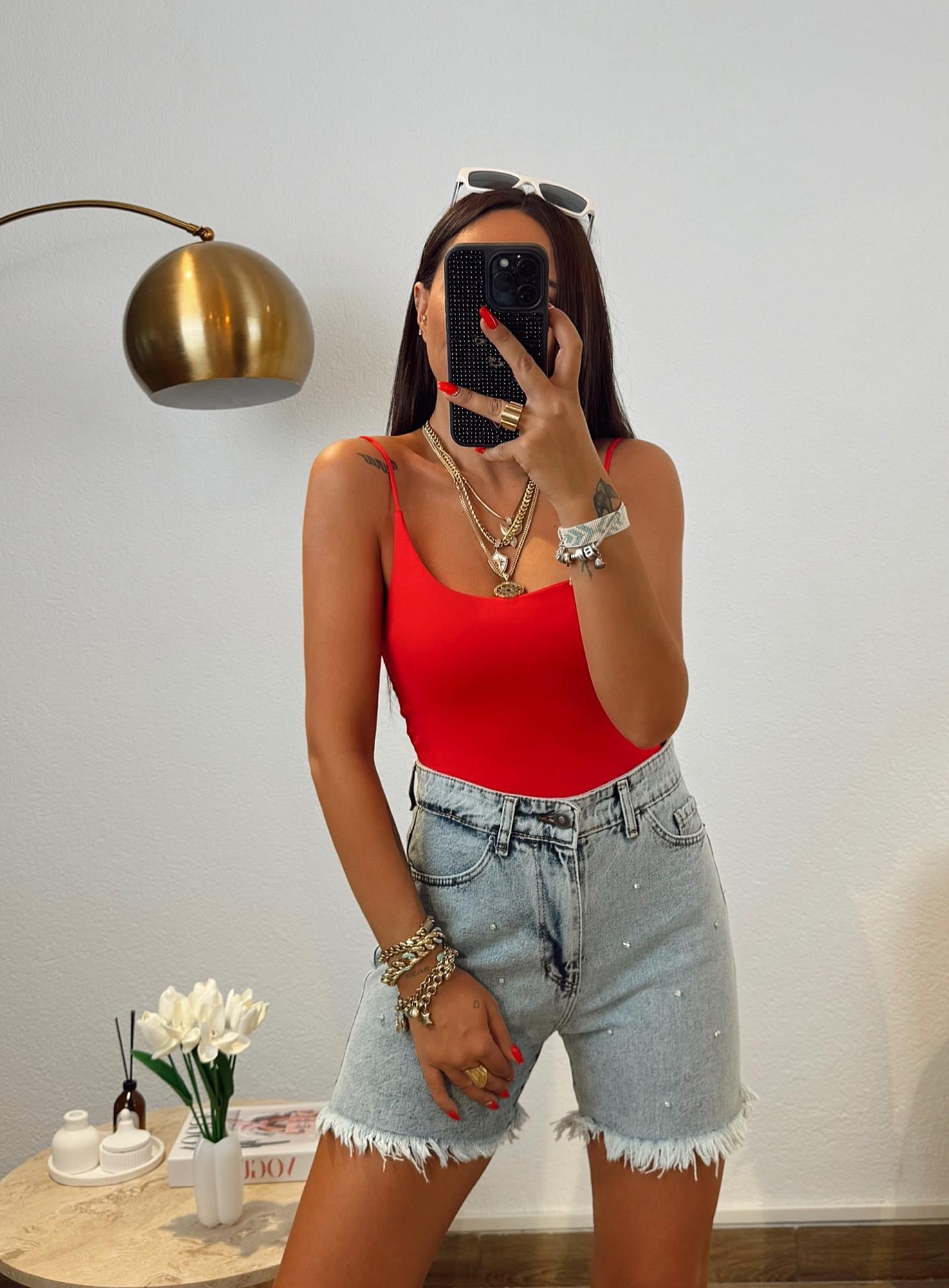 Orijinal Marka İp Askılı Kırmızı Bodysuit