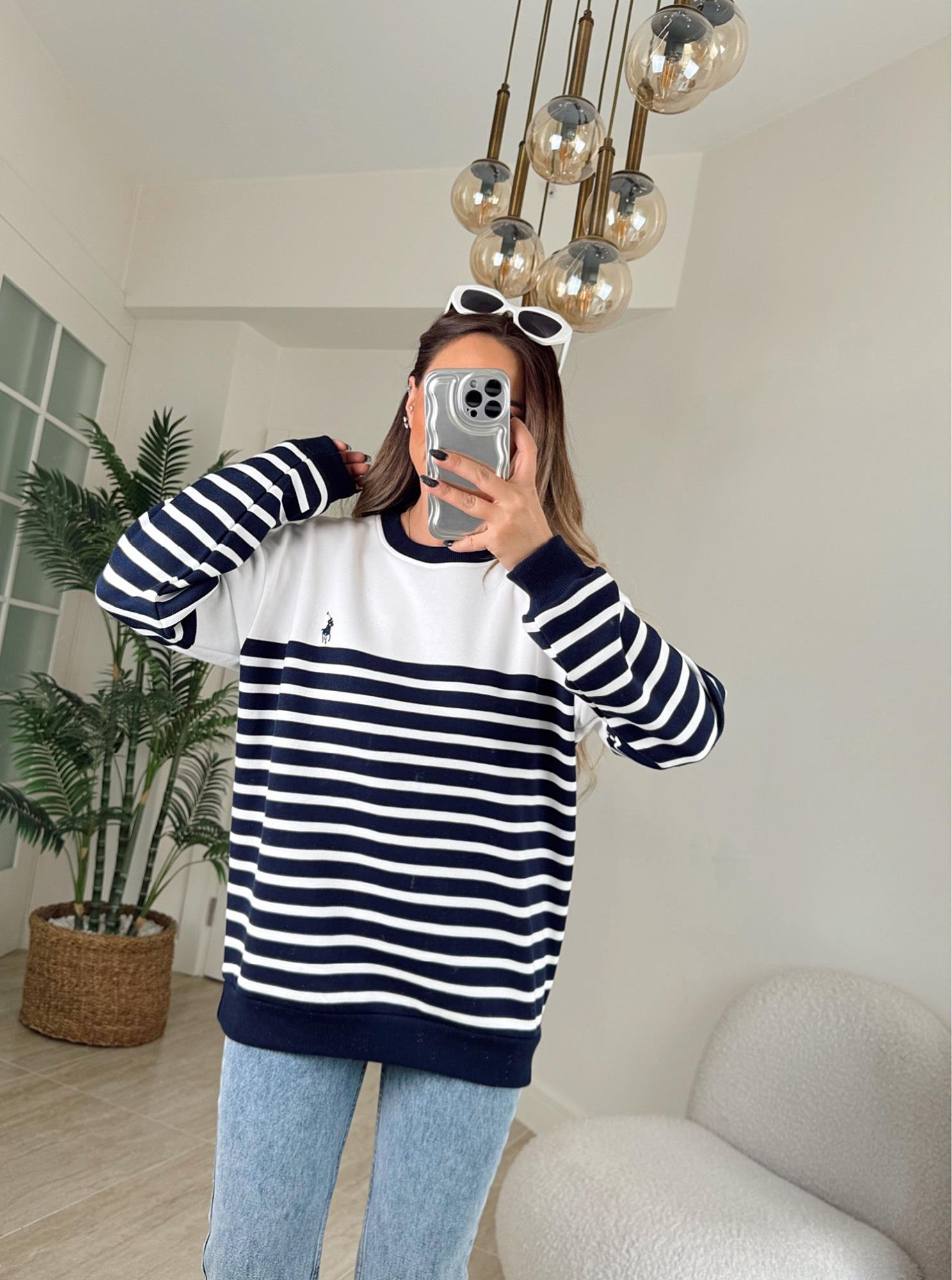 Orijinal Marka Laci Çizgili Beyaz Sweatshirt