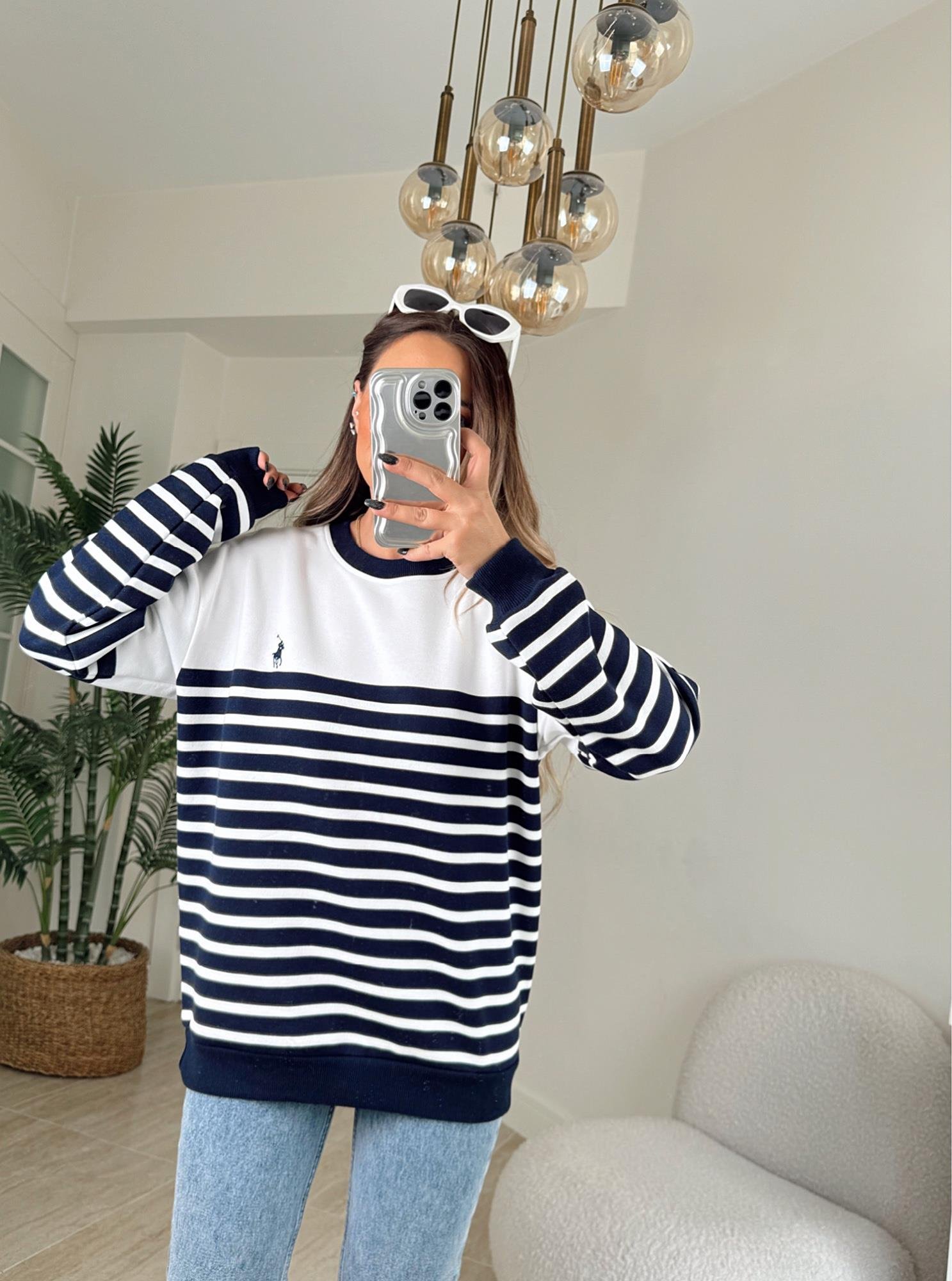 Orijinal Marka Laci Çizgili Beyaz Sweatshirt
