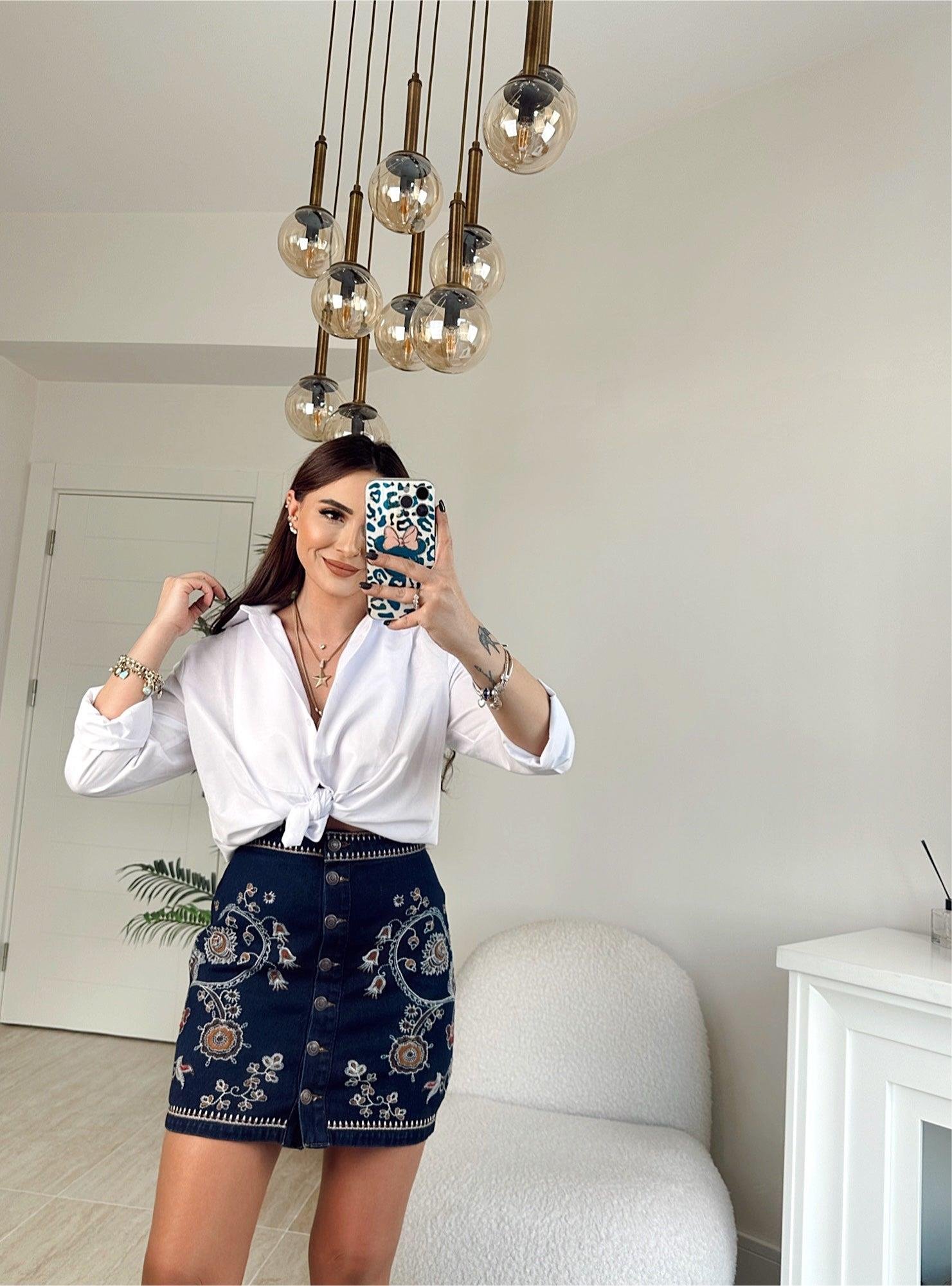 Orijinal Marka Nakışlı Mini Jean Etek