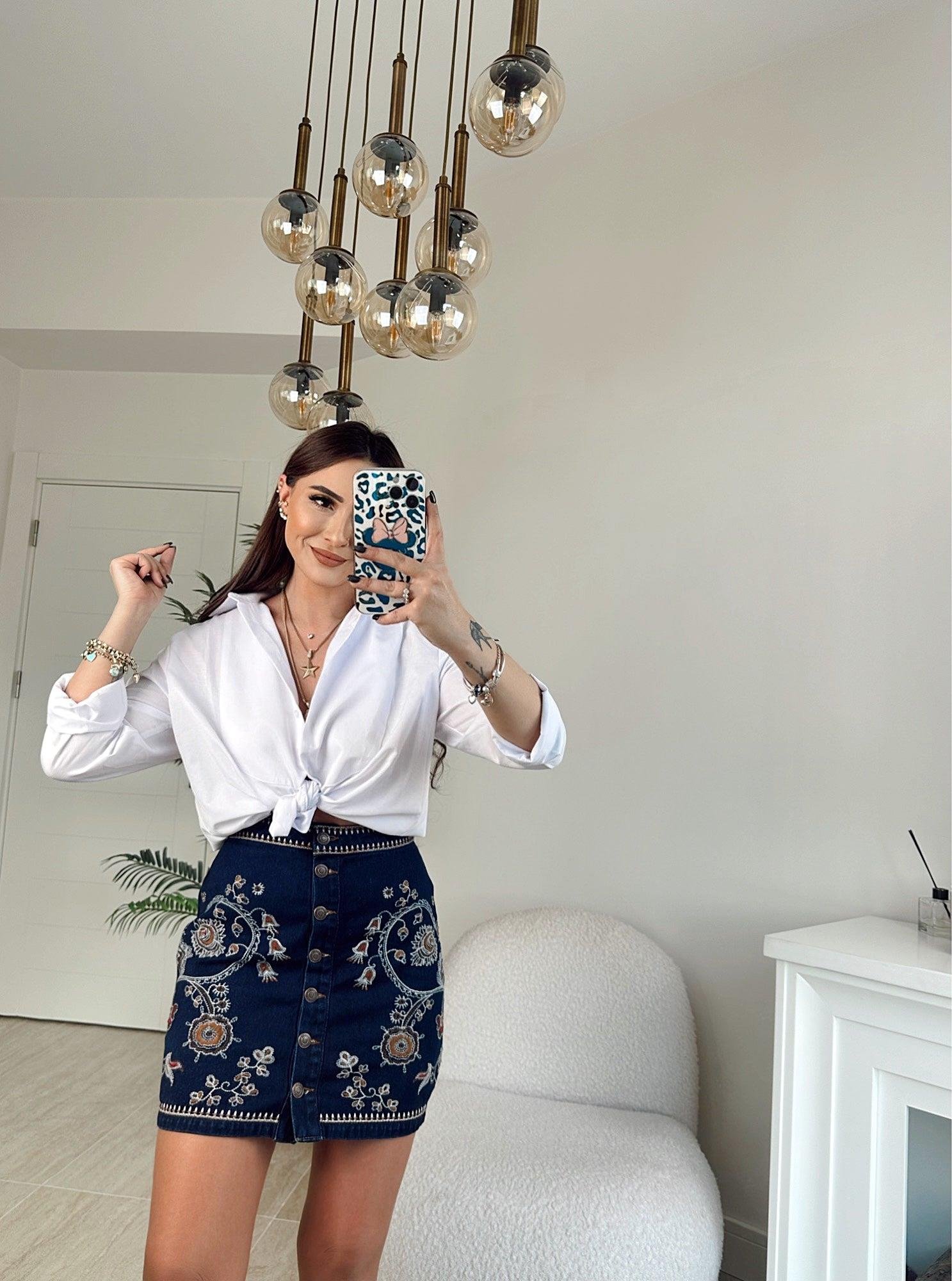 Orijinal Marka Nakışlı Mini Jean Etek