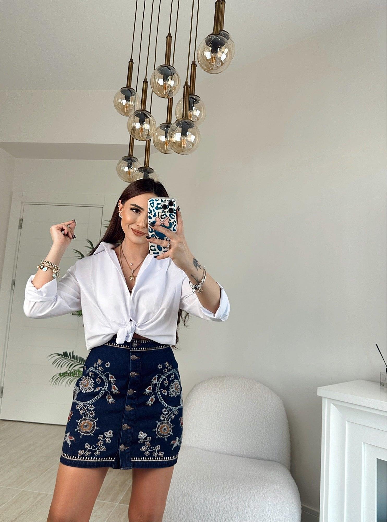 Orijinal Marka Nakışlı Mini Jean Etek