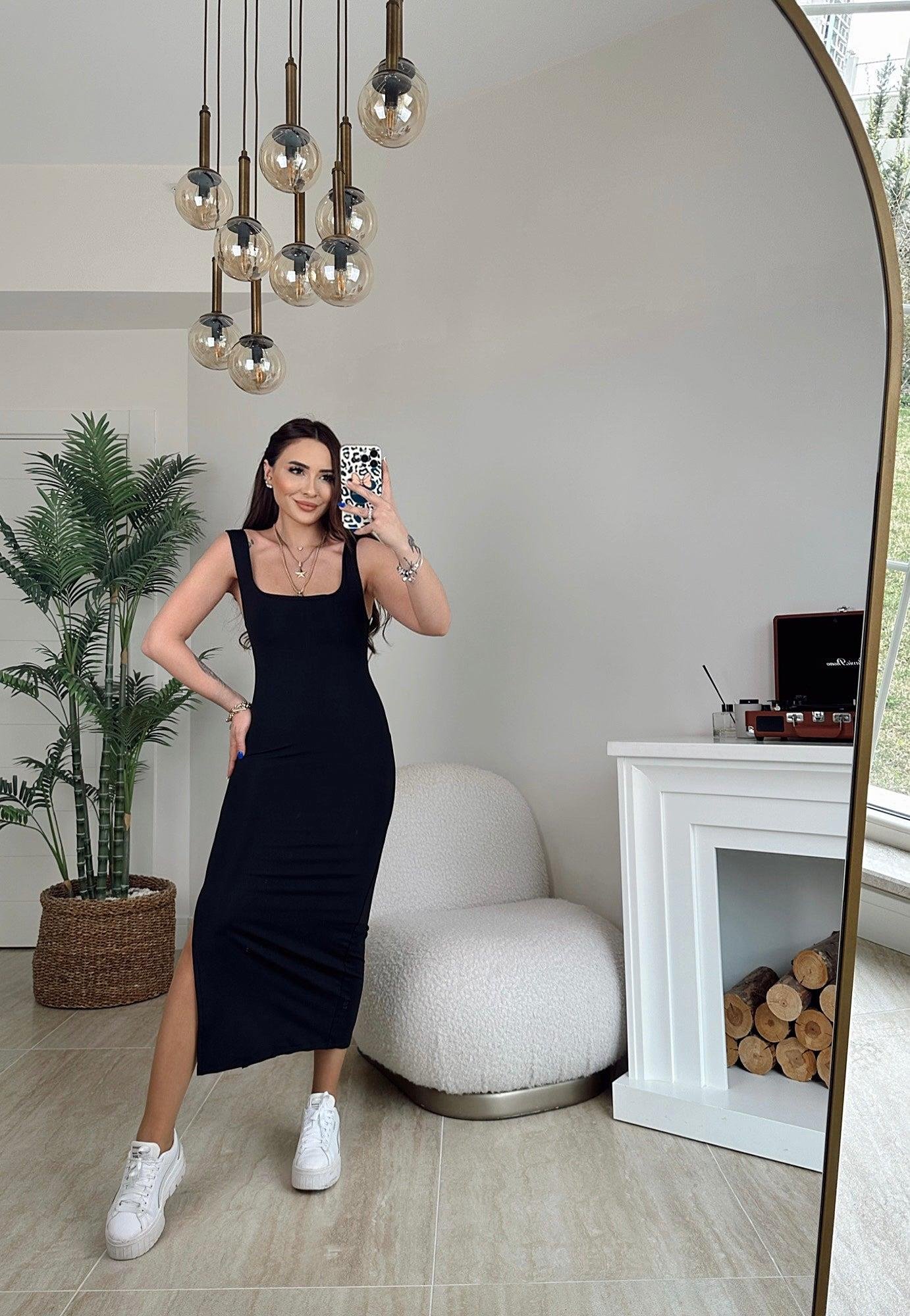 Orijinal Marka Yanı Yırtmaçlı Siyah Sandy Basic Elbise