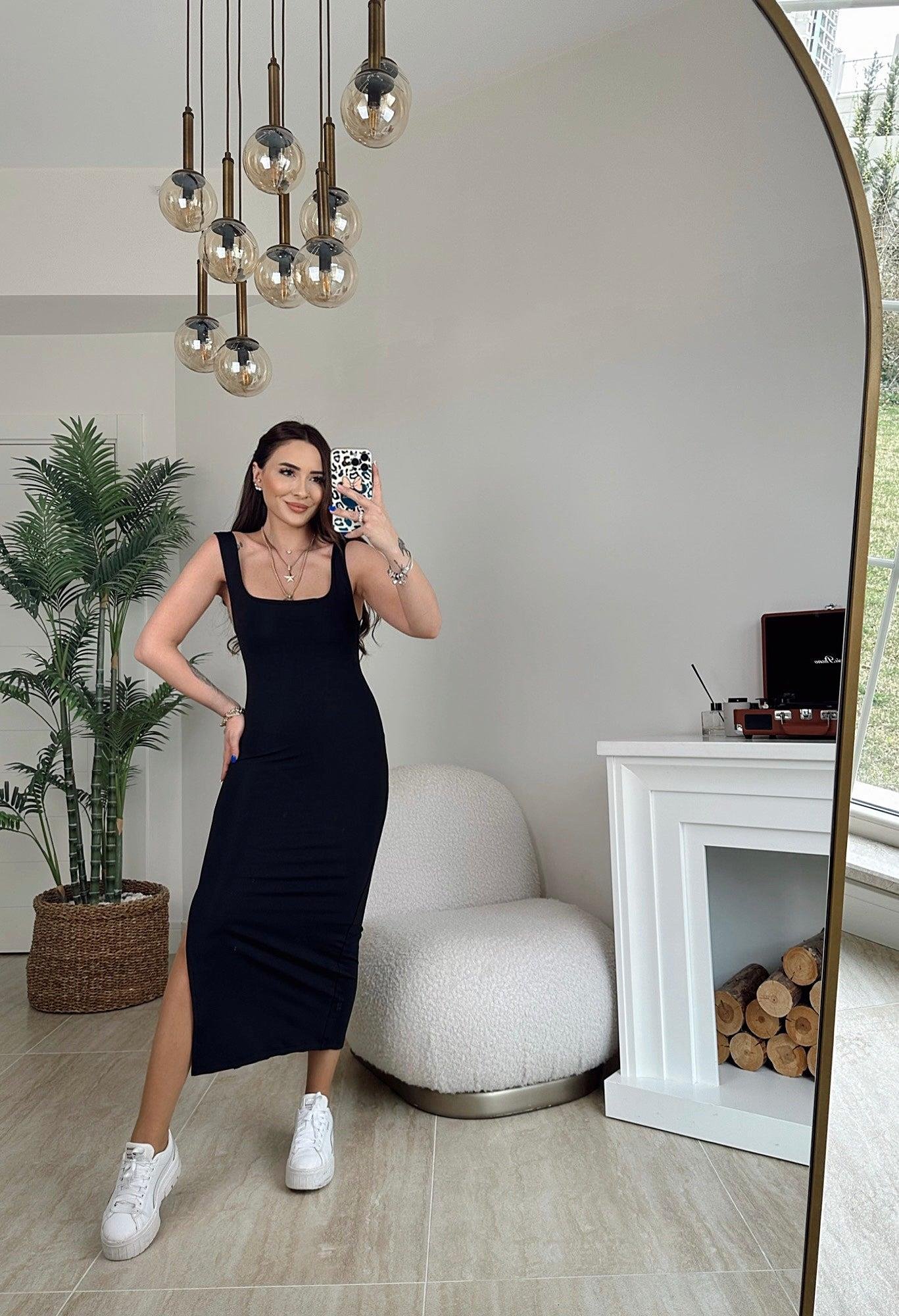 Orijinal Marka Yanı Yırtmaçlı Siyah Sandy Basic Elbise