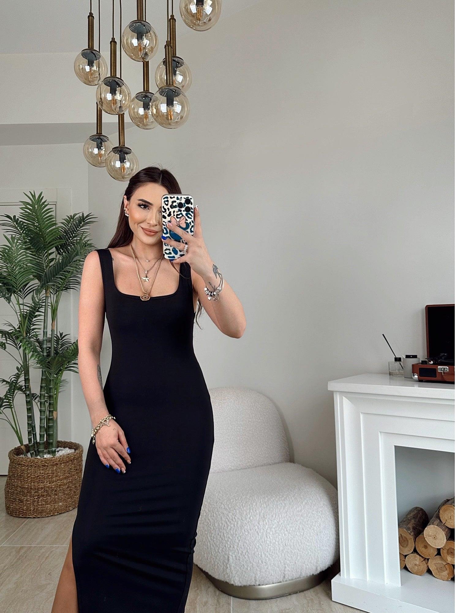 Orijinal Marka Yanı Yırtmaçlı Siyah Sandy Basic Elbise