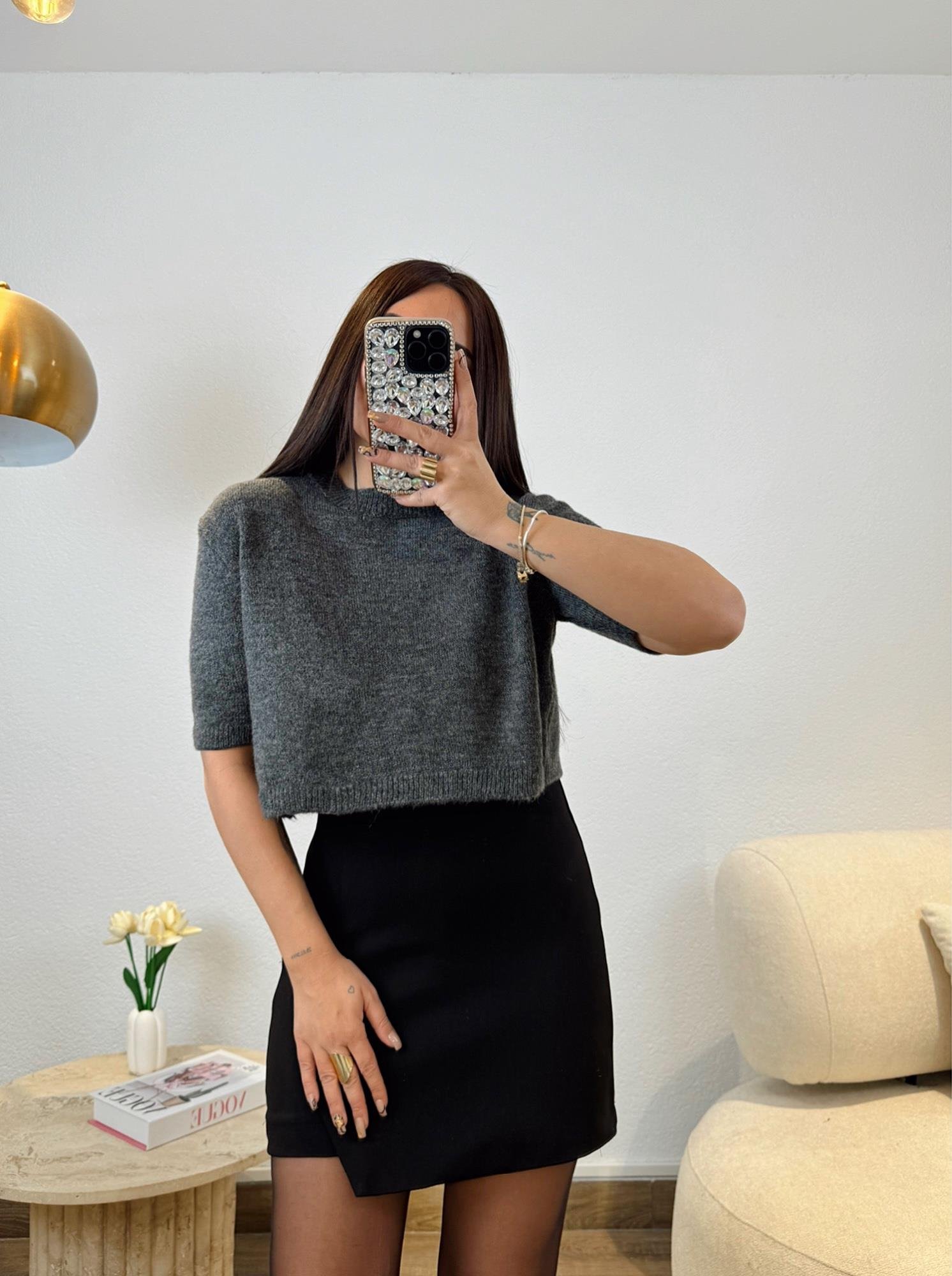 Orj Marka Gri Triko Crop