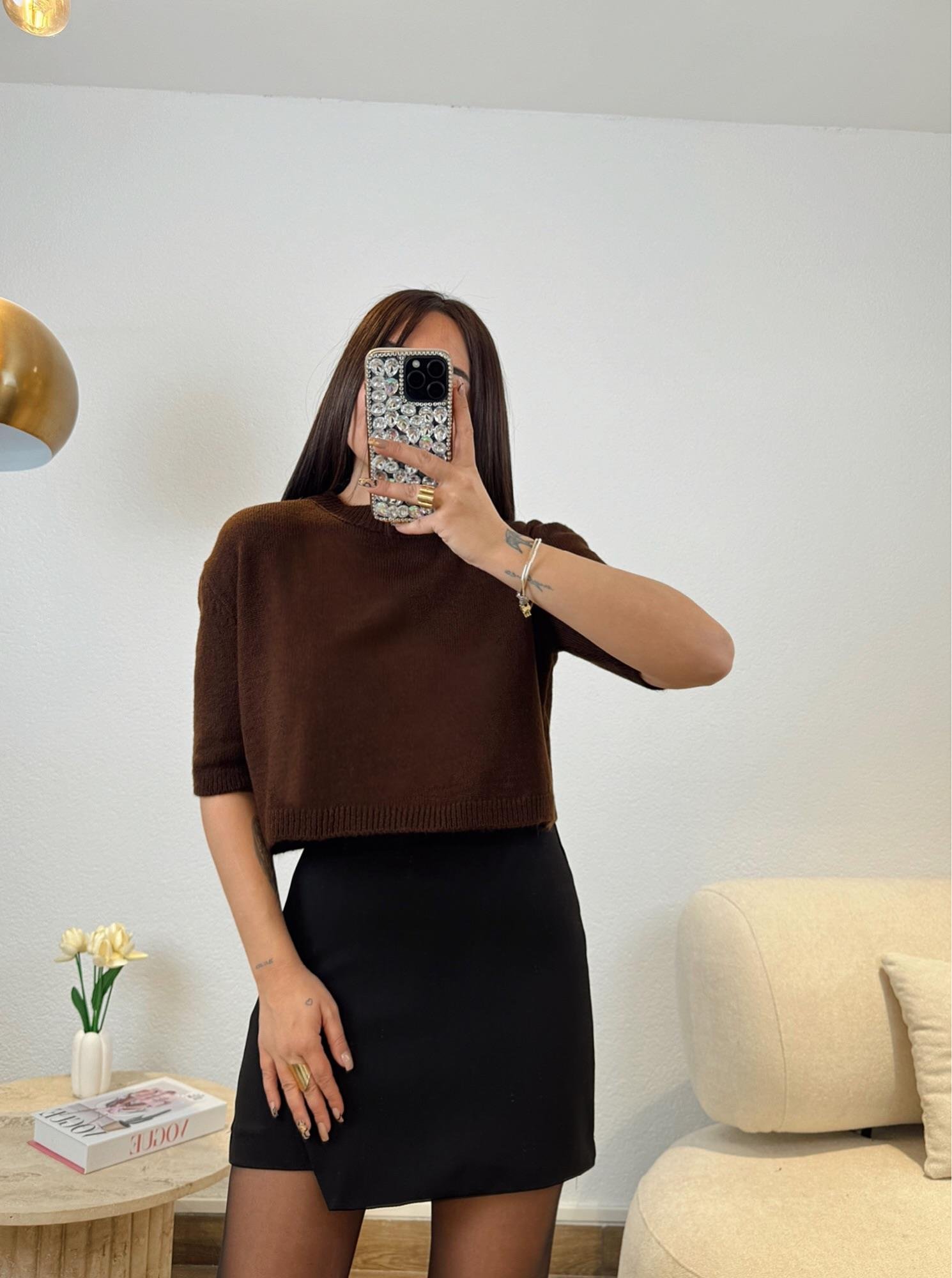 Orj Marka Kahve Triko Crop