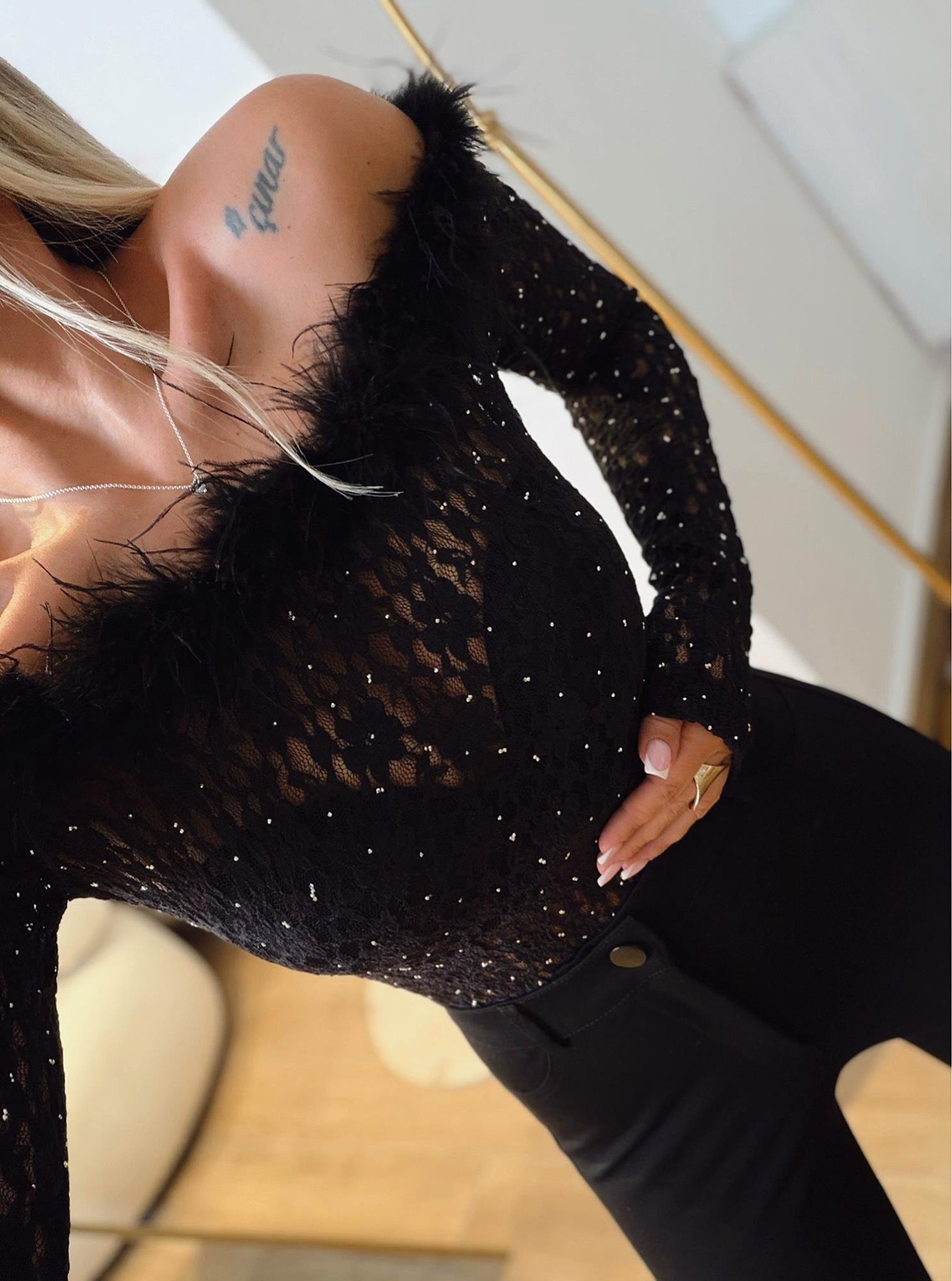 Otrişli Taş Detay Dantel Bodysuit