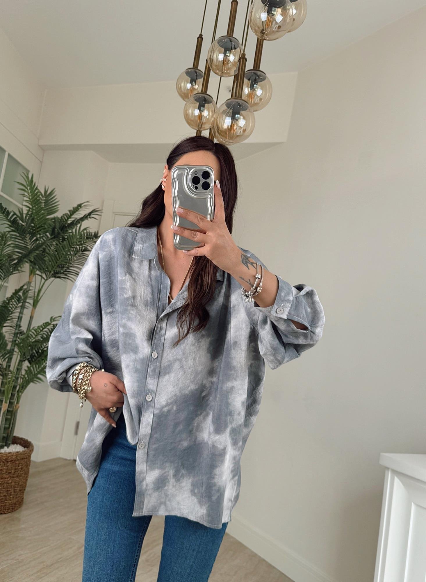 Oversize Gri Keten Gömlek