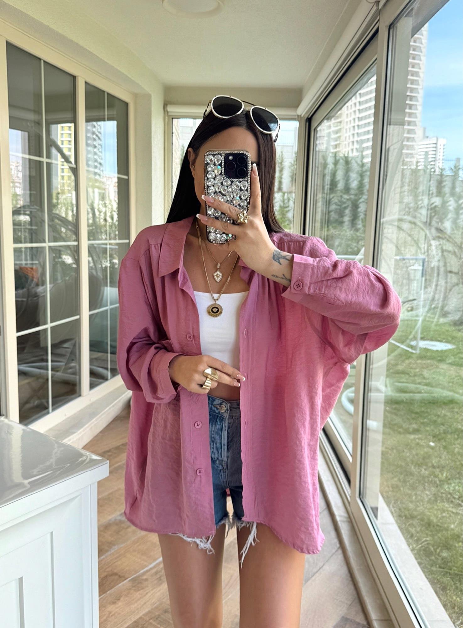 Oversize Gül Kurusu Keten Gömlek