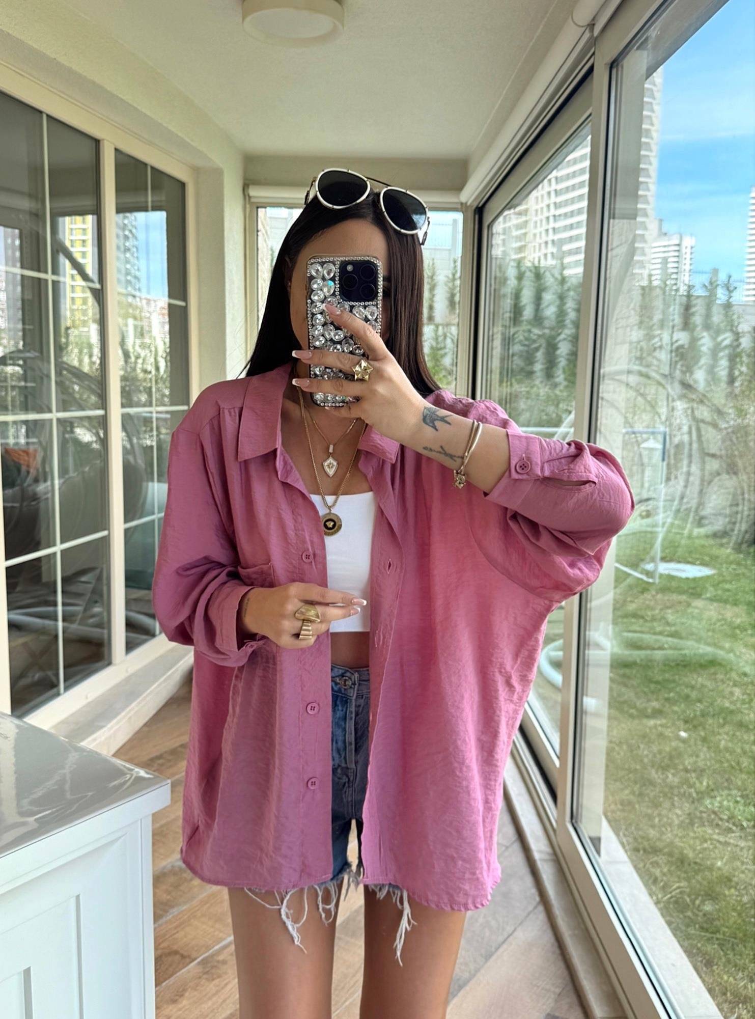 Oversize Gül Kurusu Keten Gömlek