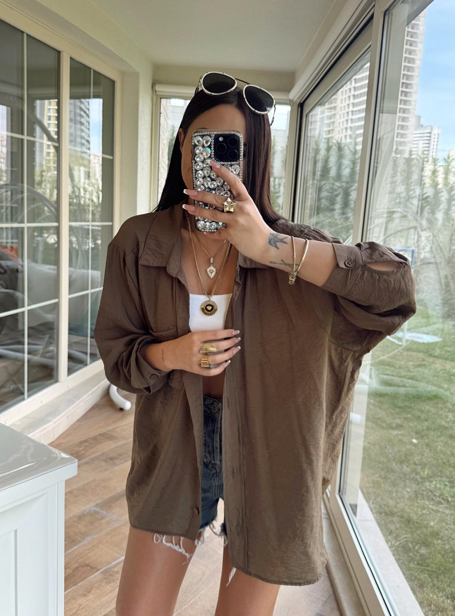 Oversize Kahve Keten Gömlek