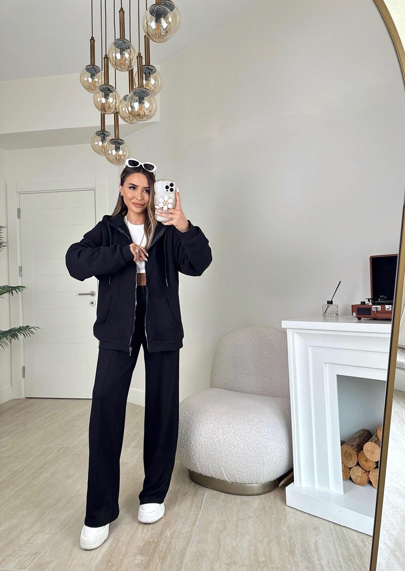 Oversize Kapişonlu Siyah Sweat Hırka