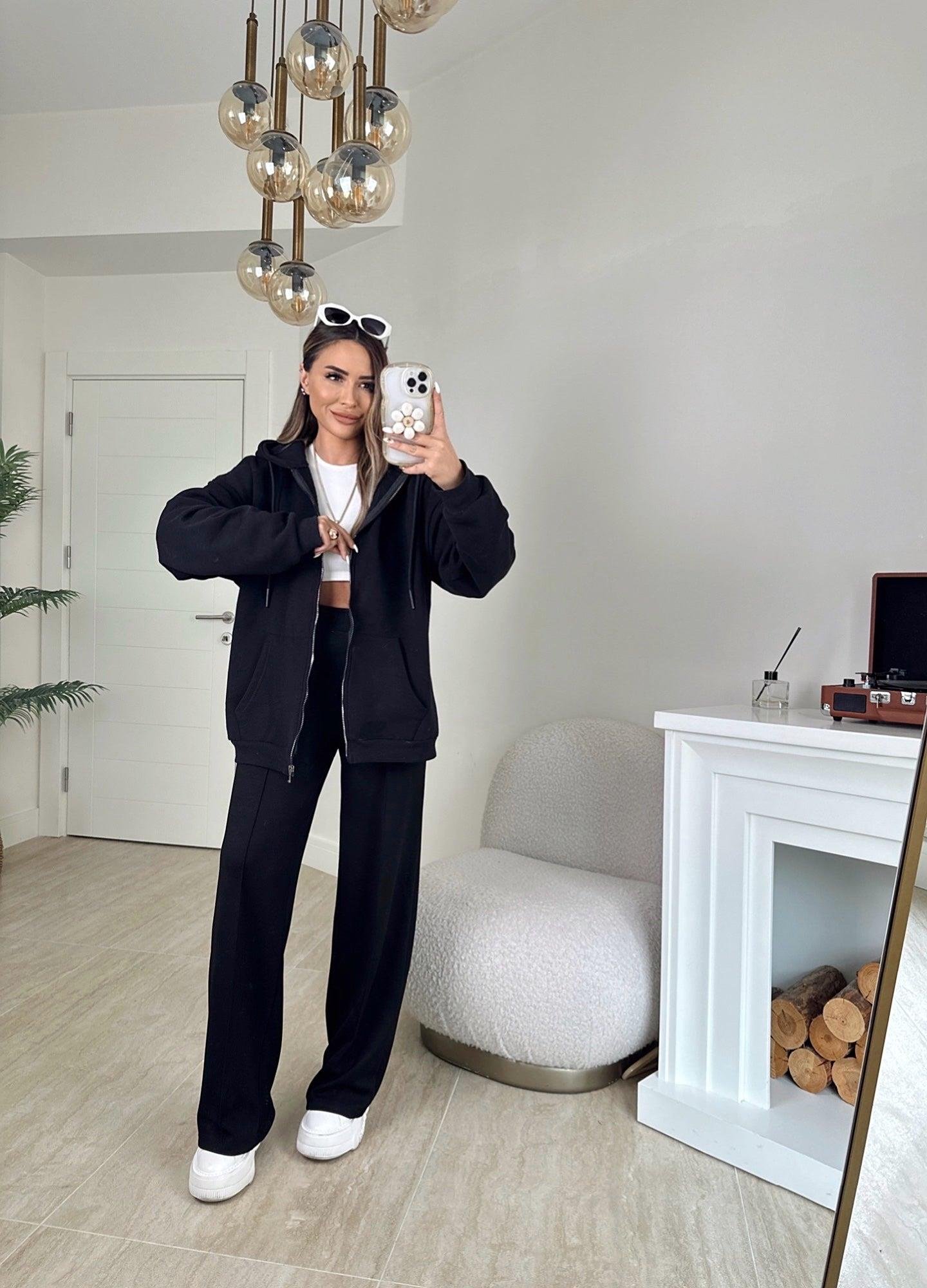 Oversize Kapişonlu Siyah Sweat Hırka