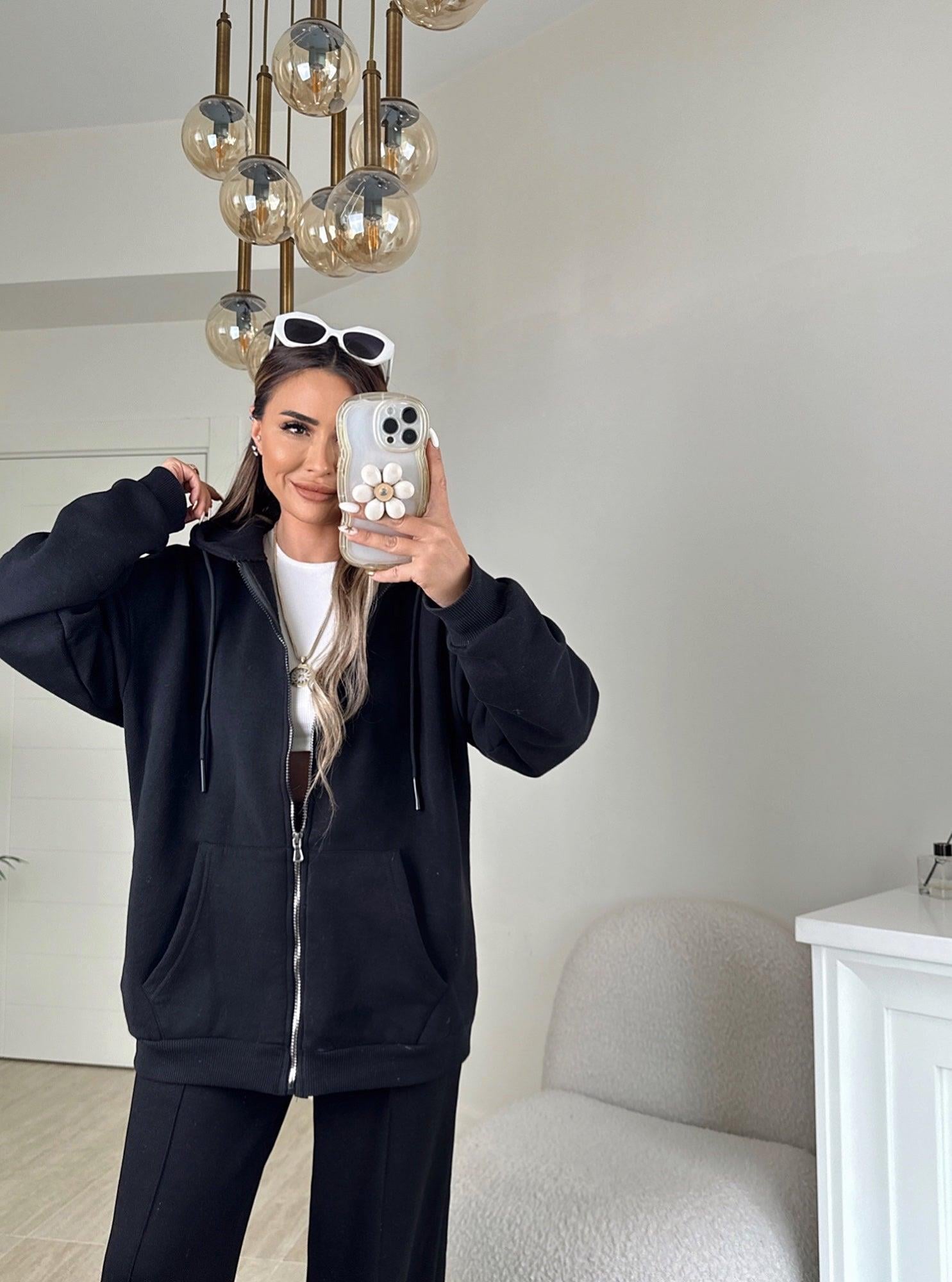 Oversize Kapişonlu Siyah Sweat Hırka