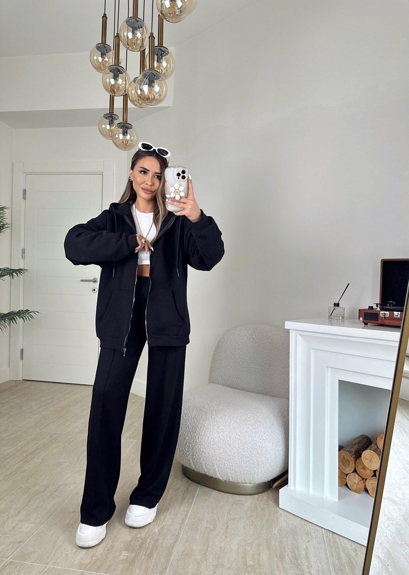 Oversize Kapişonlu Siyah Sweat Hırka