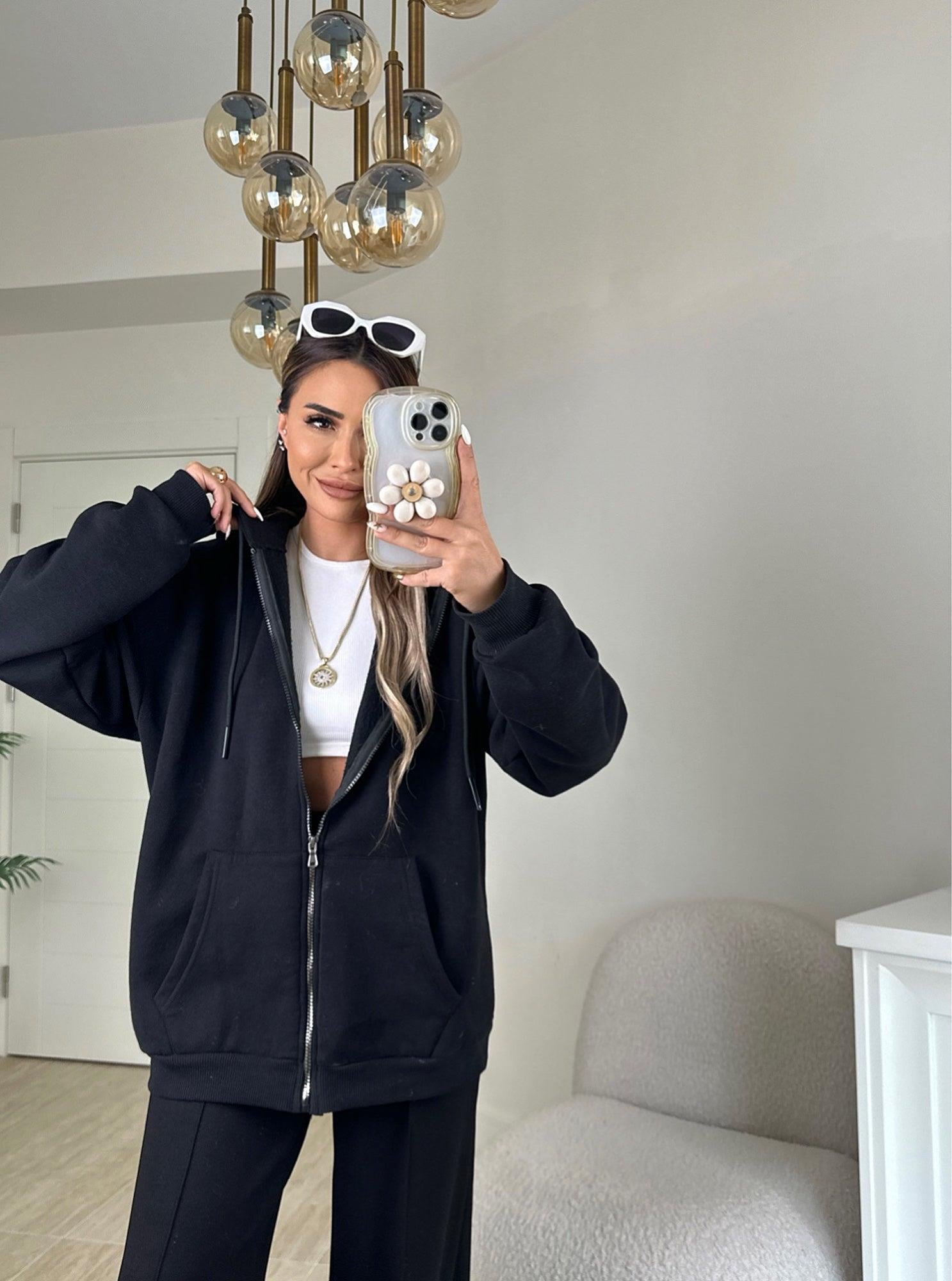 Oversize Kapişonlu Siyah Sweat Hırka