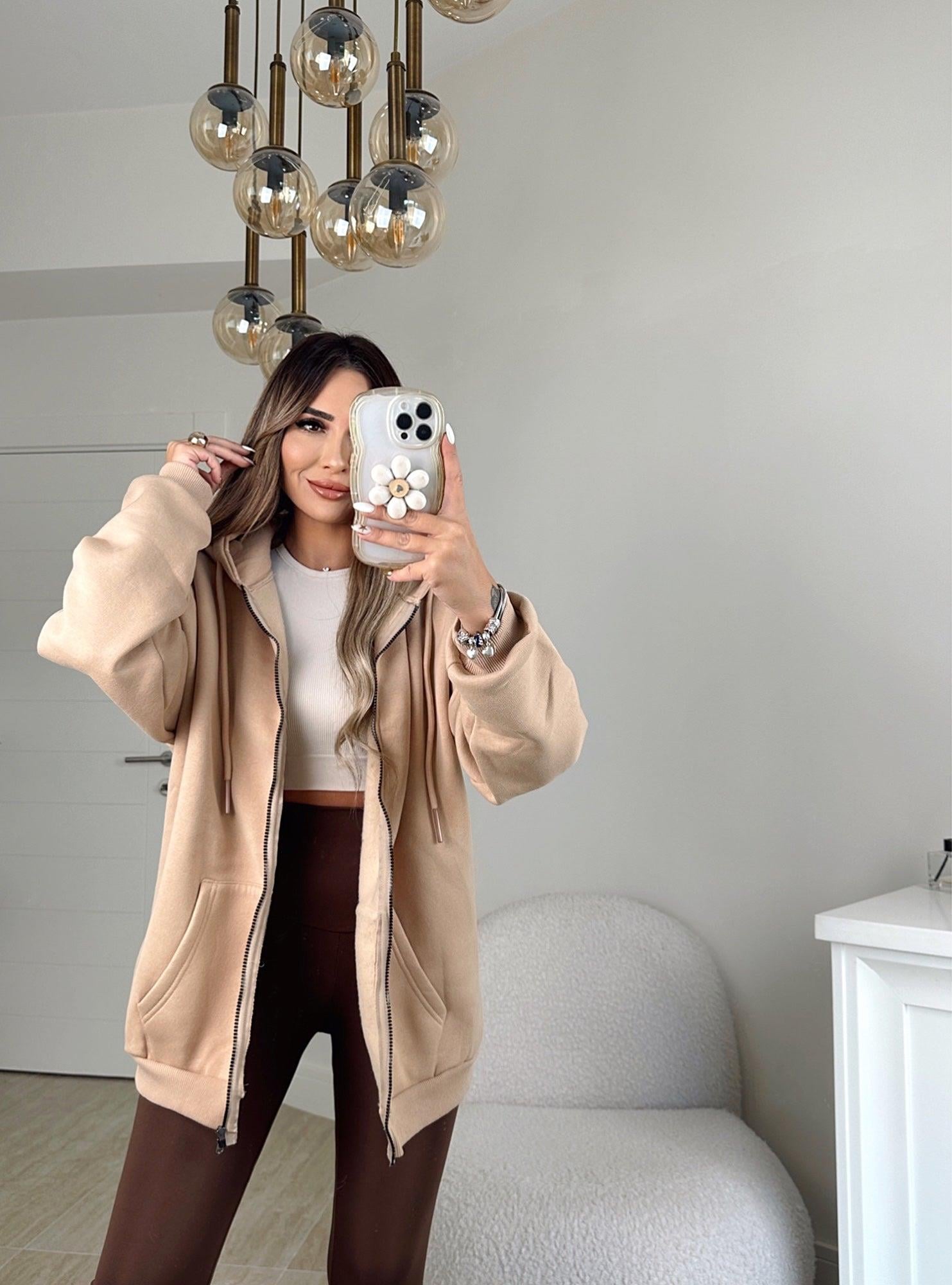 Oversize Kapişonlu Vizon Sweat Hırka