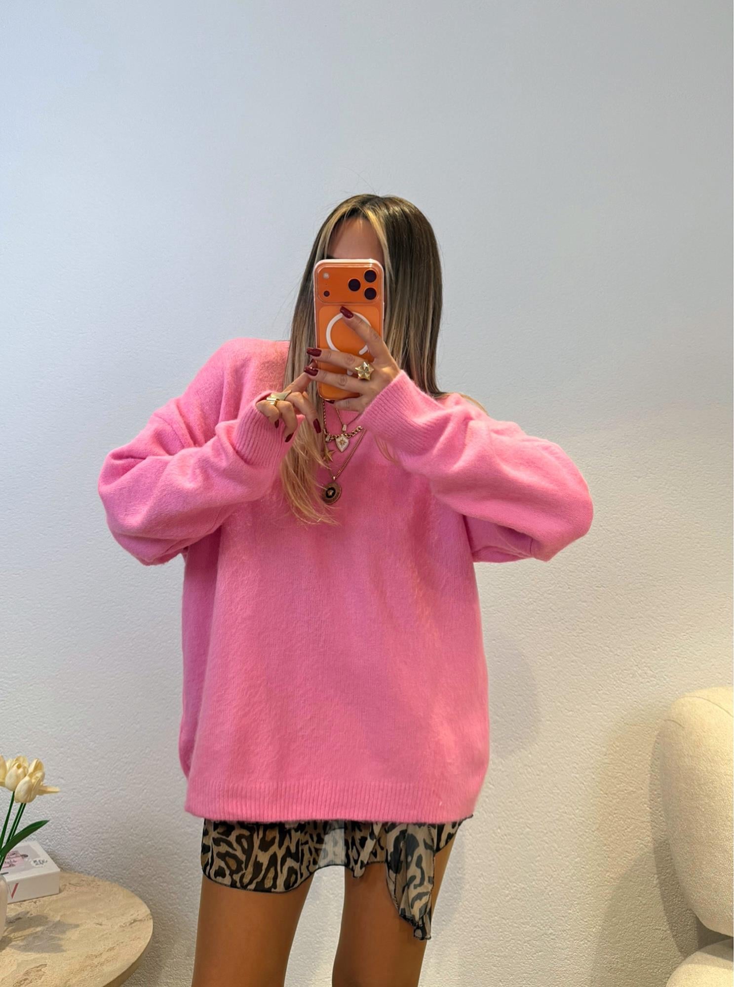 Oversize Pembe Yumoş Kazak