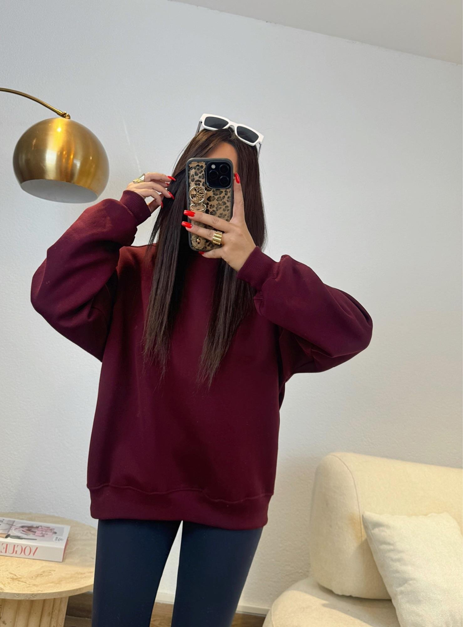Oversize Şardonlu Basic Bordo Sweatshirt