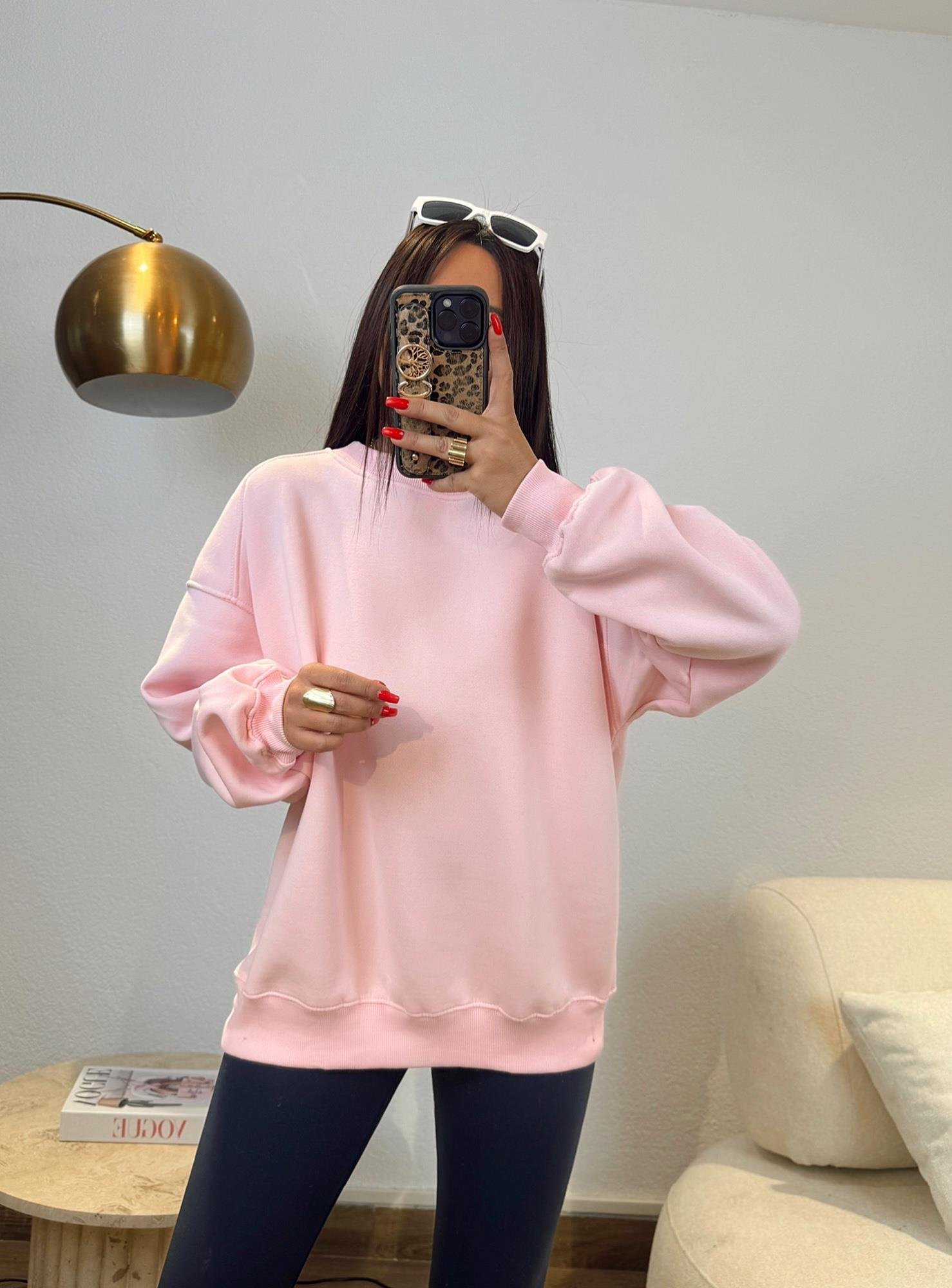 Oversize Şardonlu Basic Pembe Sweatshirt