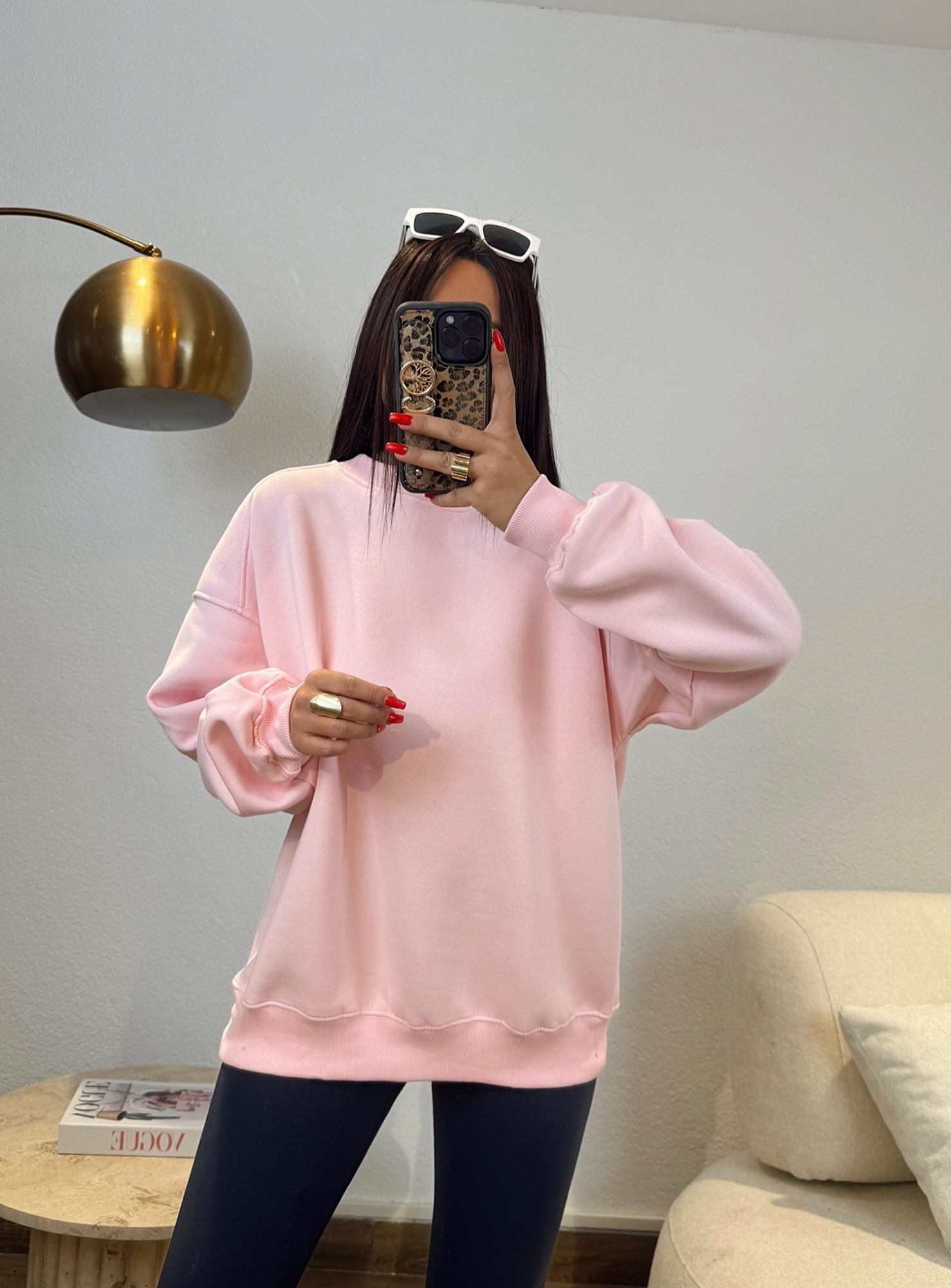 Oversize Şardonlu Basic Pembe Sweatshirt