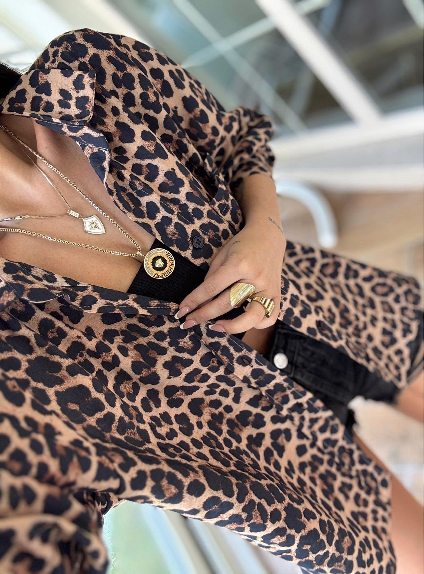 Oversize Siyah Leopar Keten Gömlek