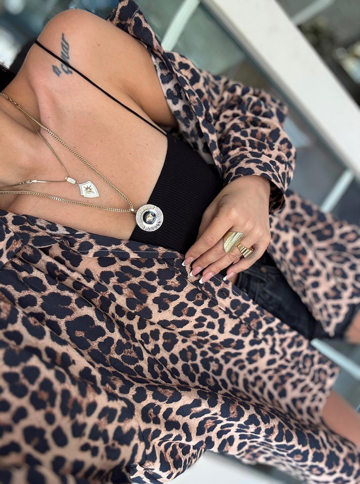 Oversize Siyah Leopar Keten Gömlek