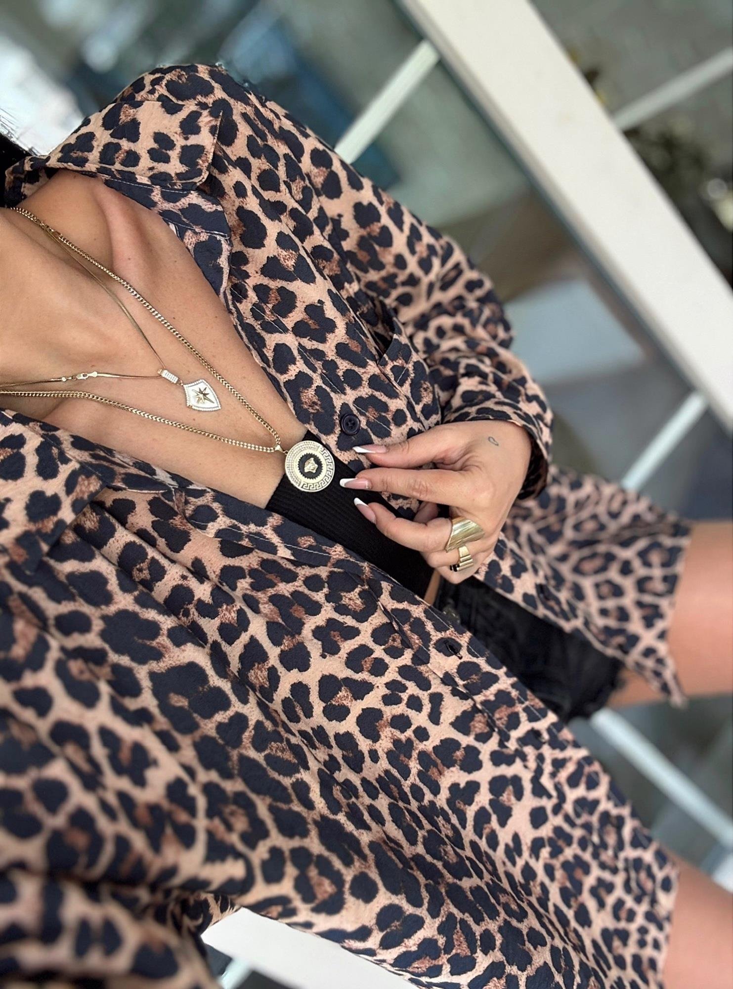 Oversize Siyah Leopar Keten Gömlek