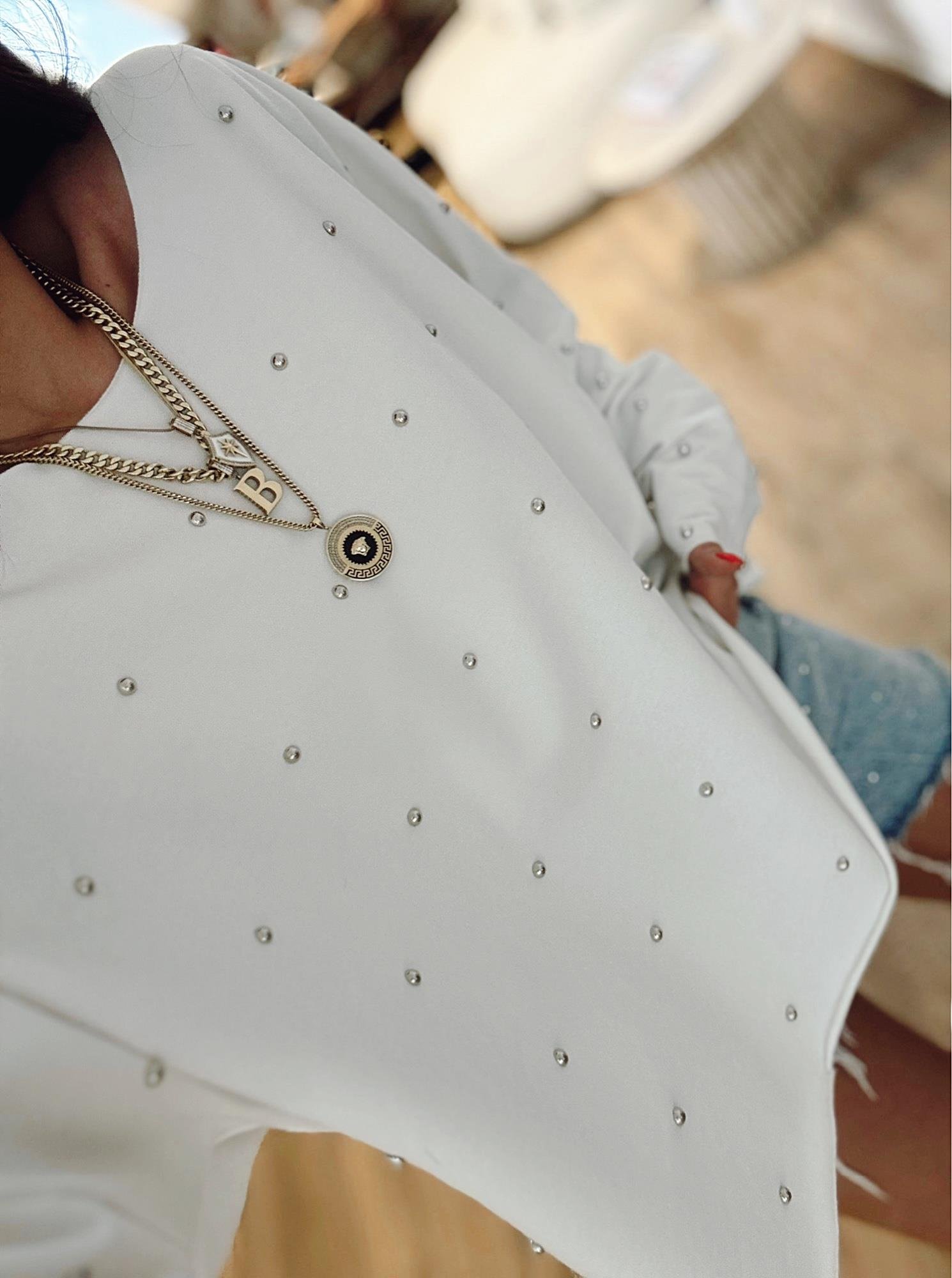 Oversize Taşlı Beyaz Sweat