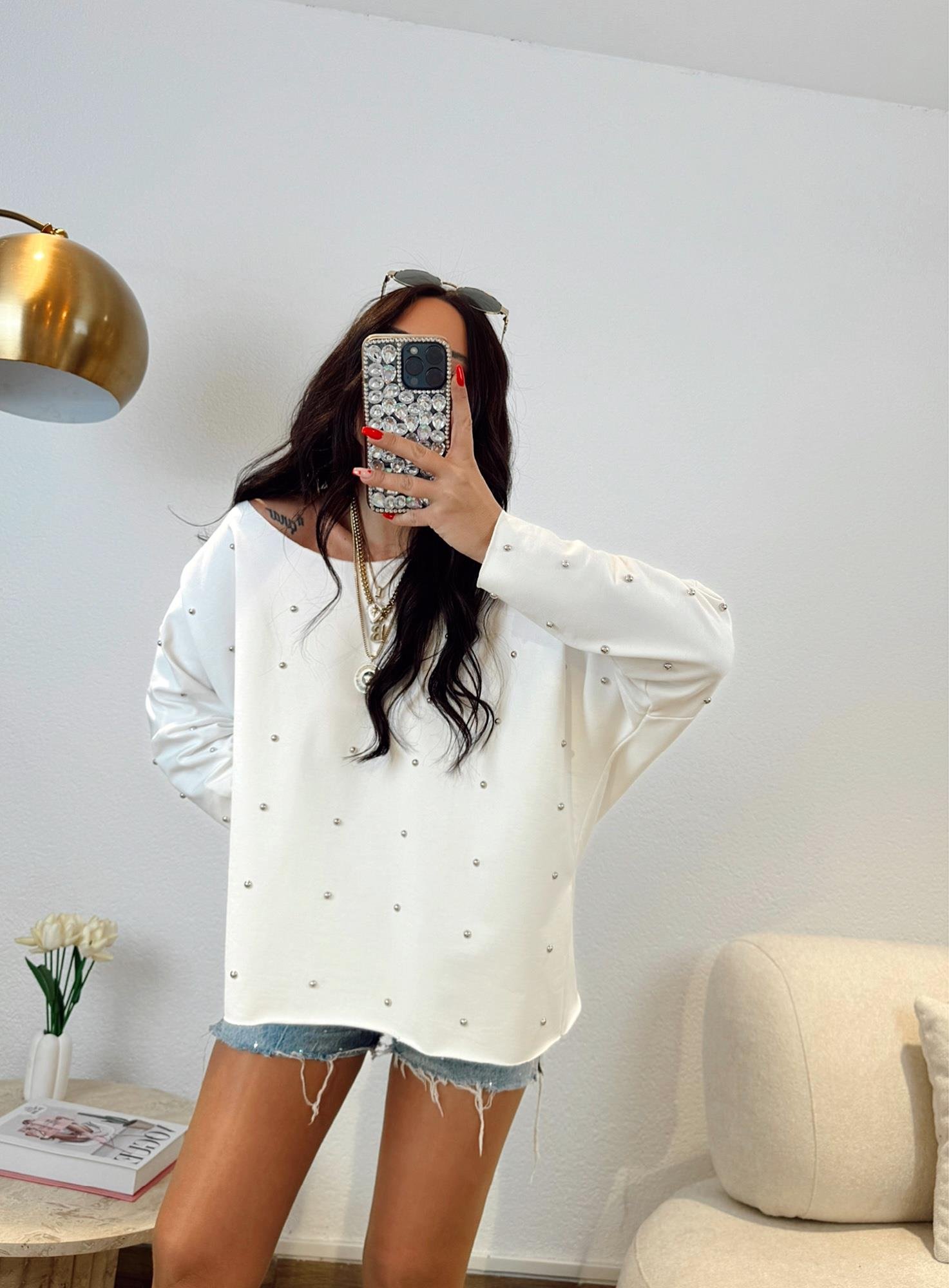 Oversize Taşlı Beyaz Sweat