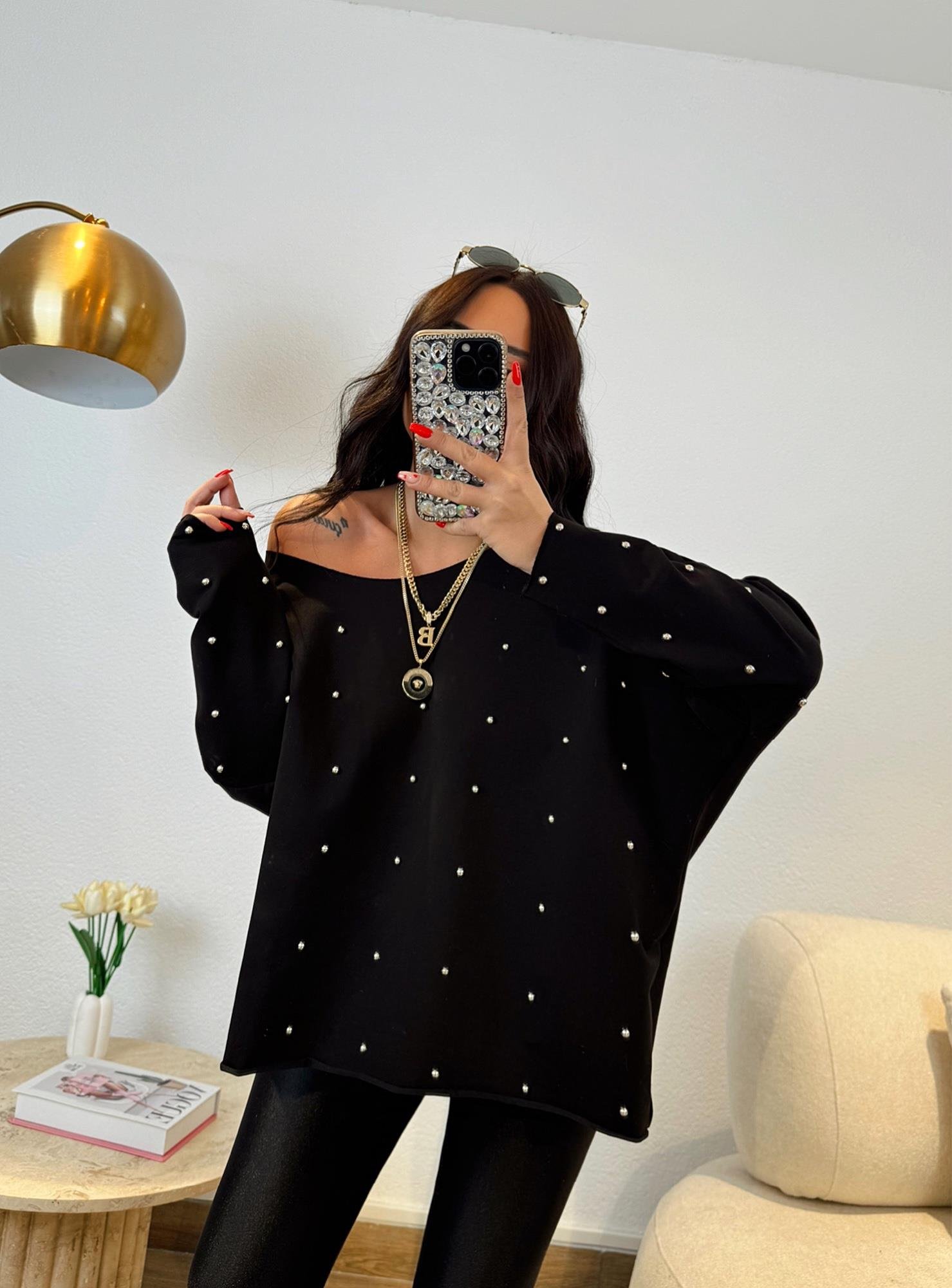 Oversize Taşlı Siyah Sweat