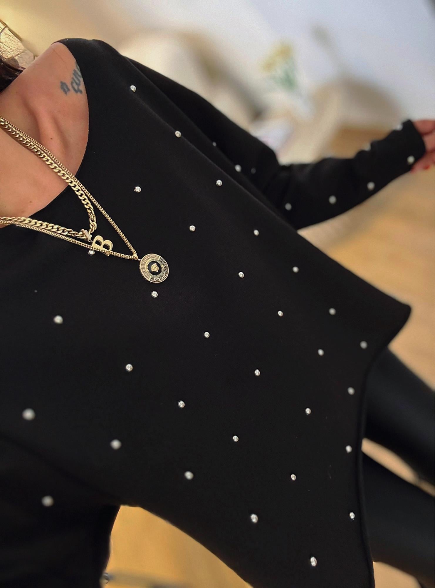 Oversize Taşlı Siyah Sweat