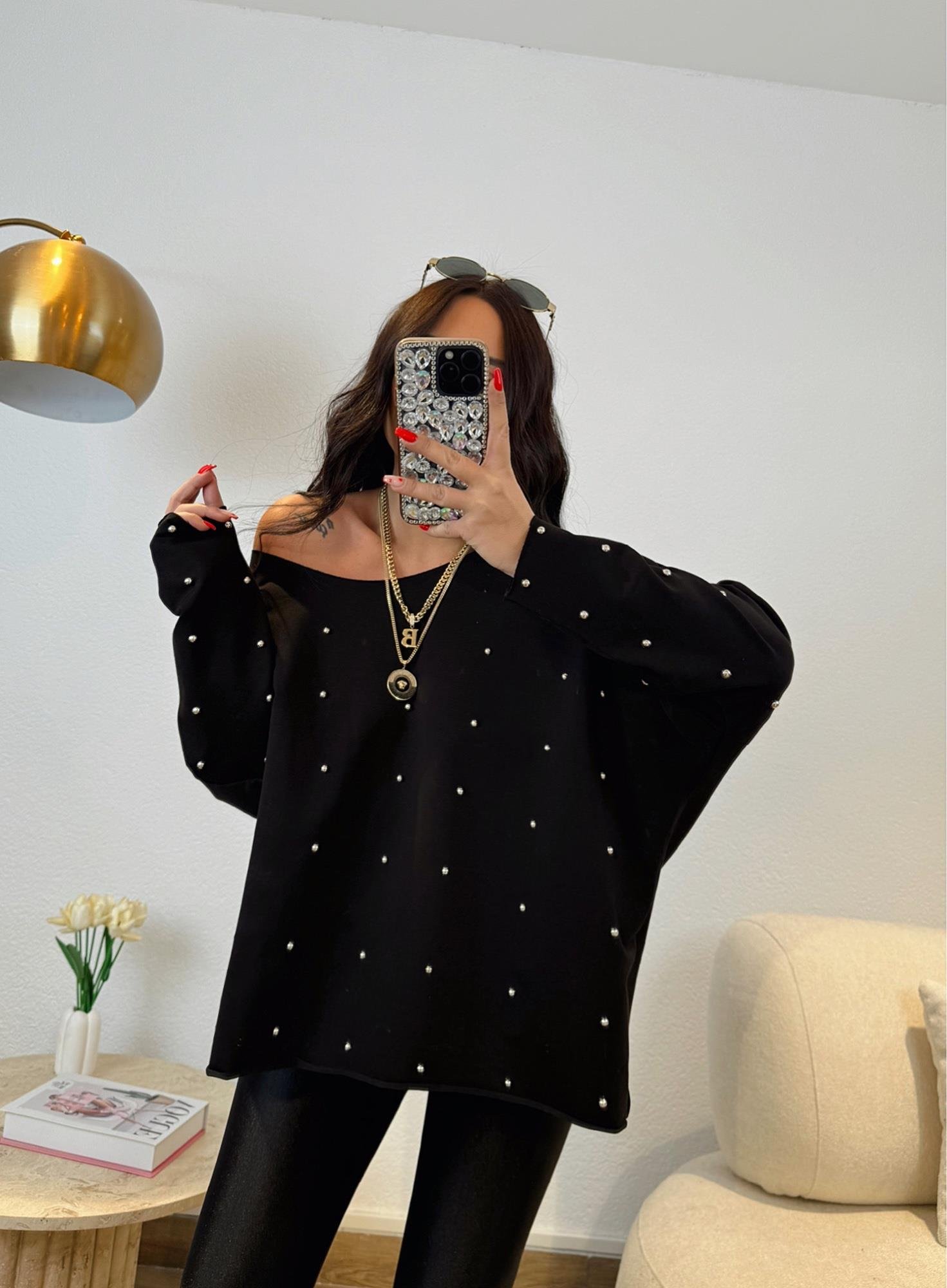 Oversize Taşlı Siyah Sweat