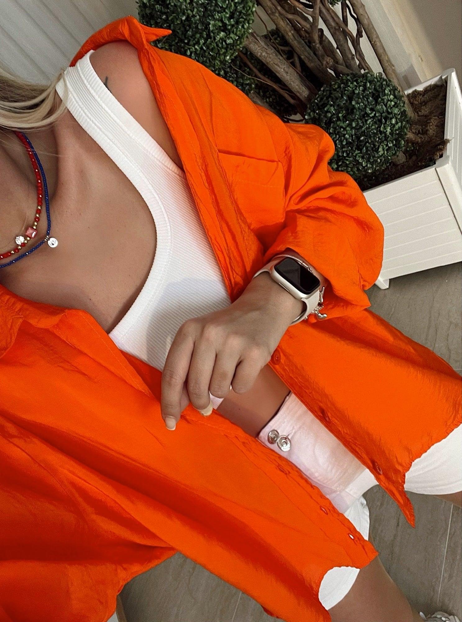 Oversize Tek Cepli Orange Ham Keten Gömlek