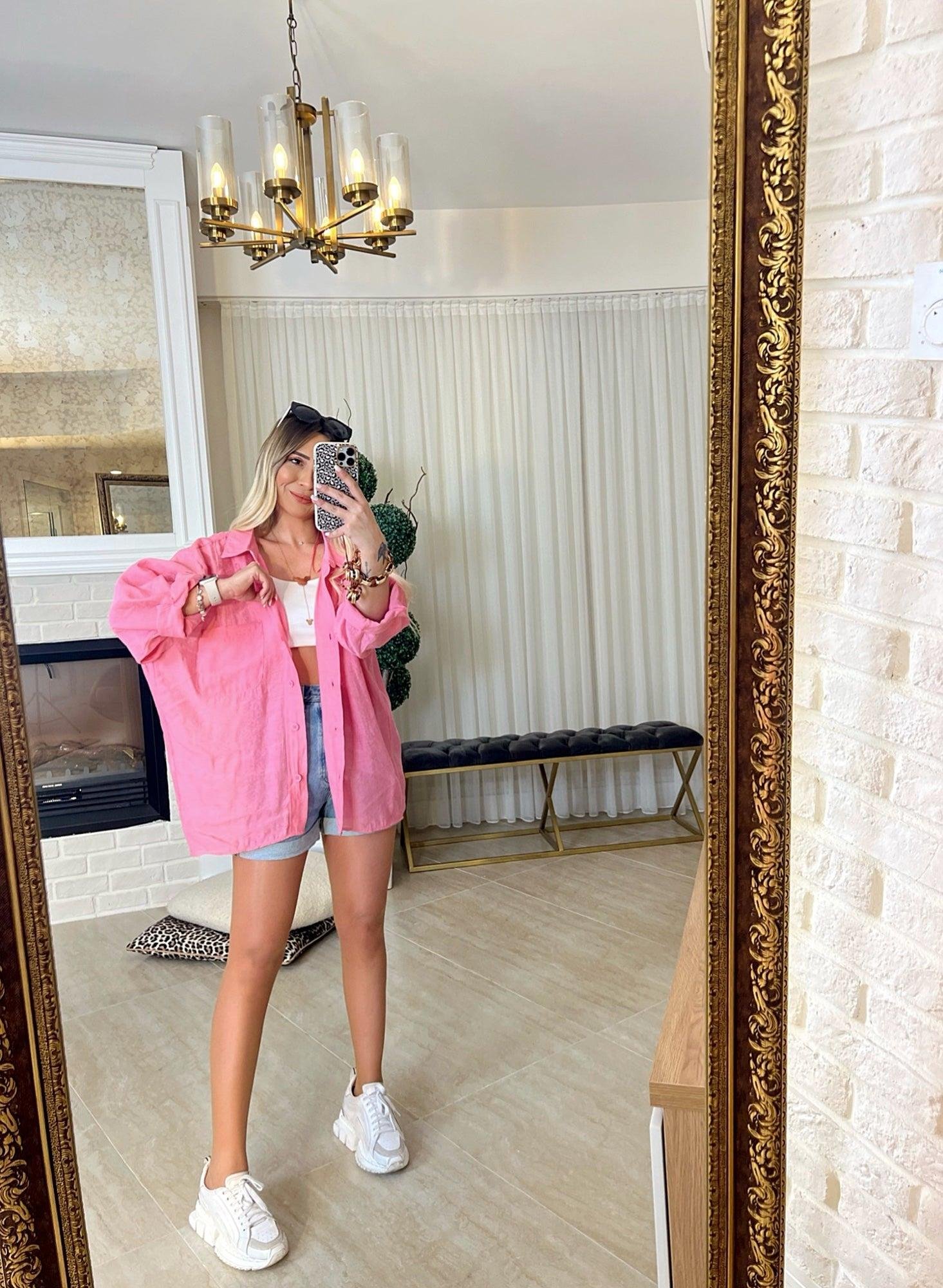 Oversize Tek Cepli Pembe Ham Keten Gömlek