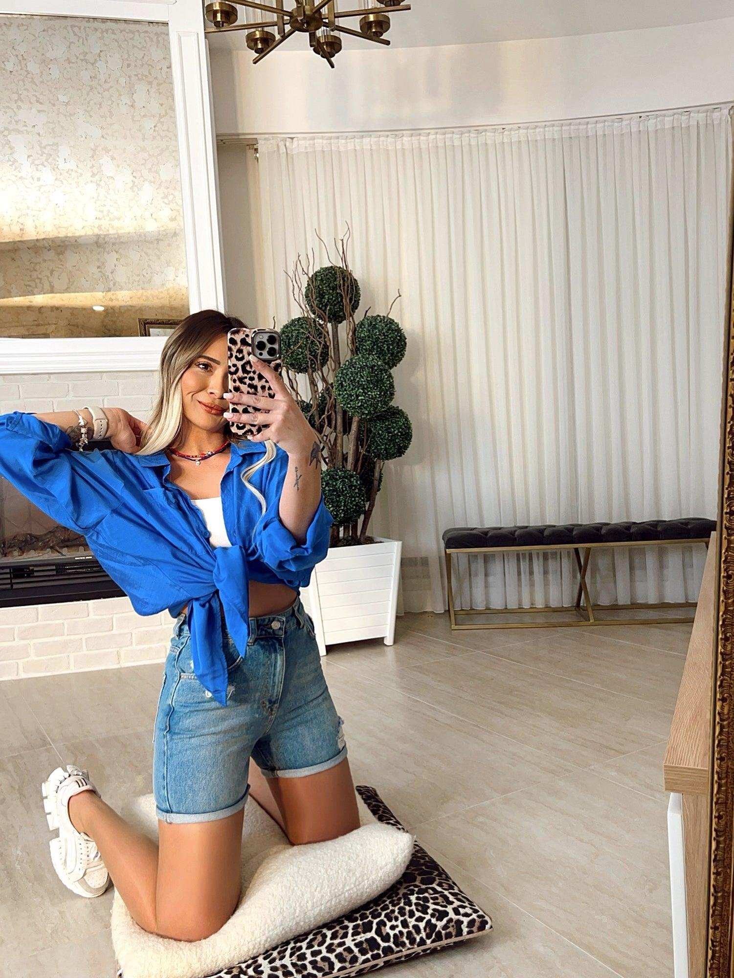 Oversize Tek Cepli Saks Mavi Ham Keten Gömlek
