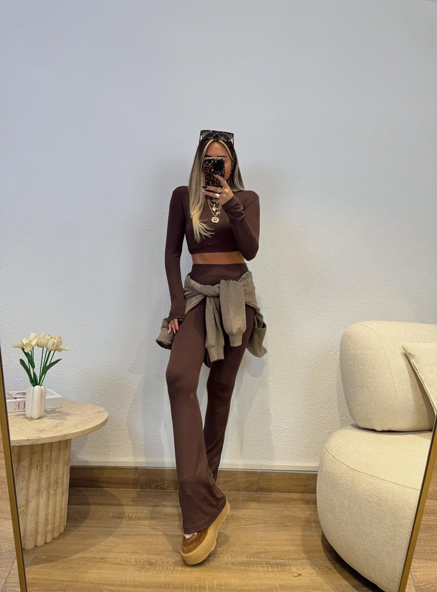 Pamuklu Crop&Pantolon Kahve Takım