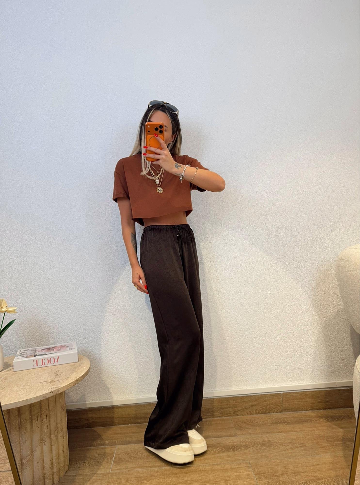 Pamuklu Kahve Crop Tshirt