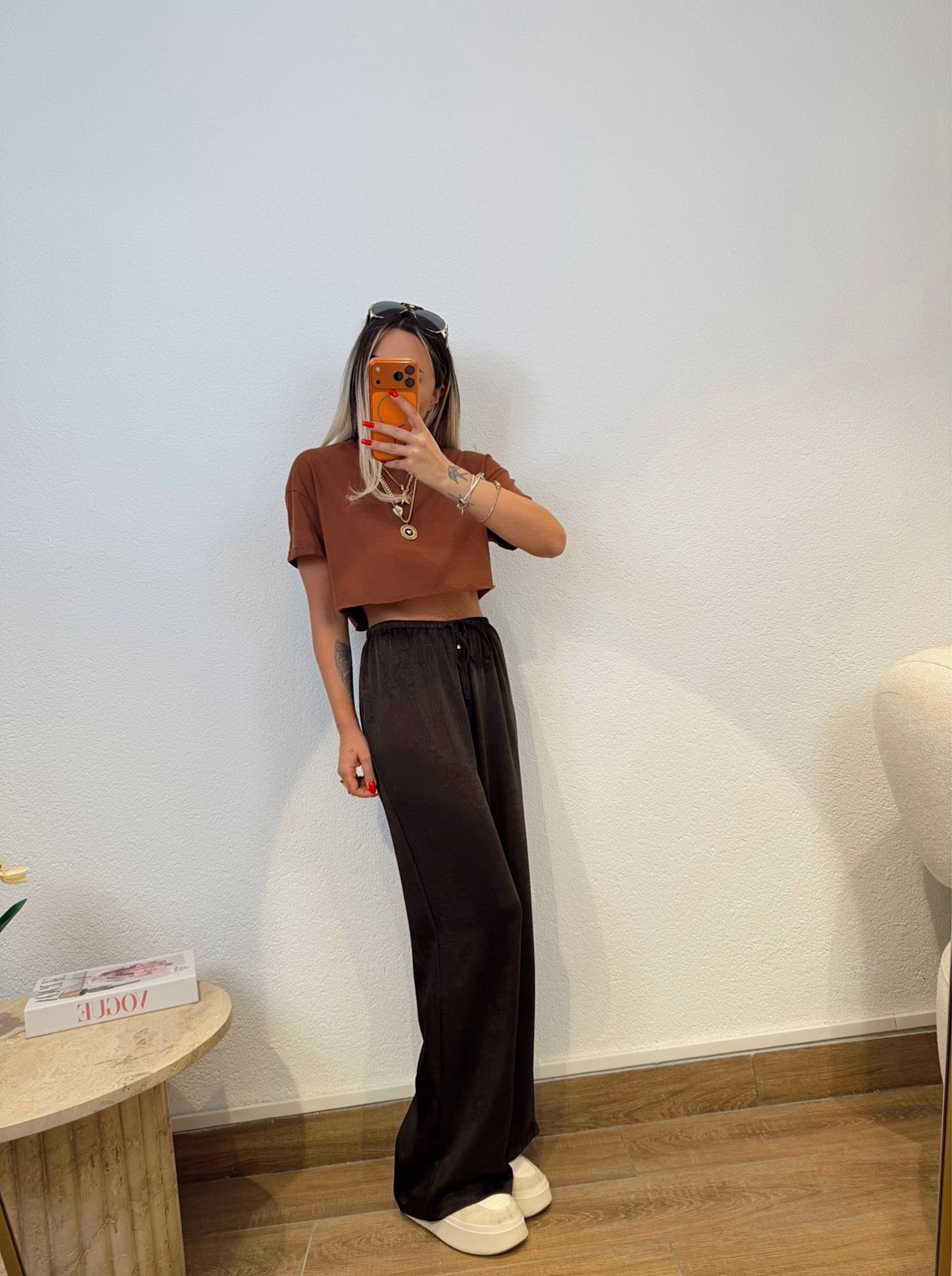 Pamuklu Kahve Crop Tshirt
