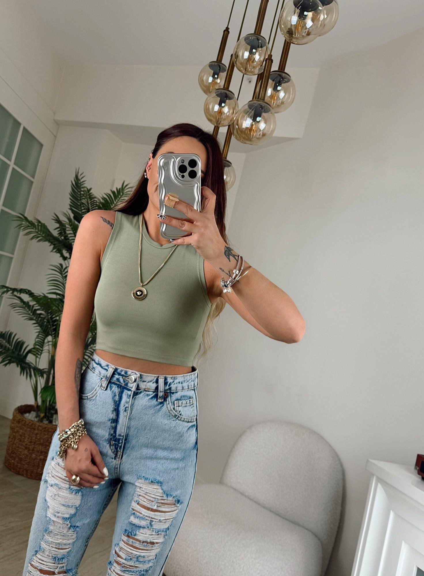 Pamuklu Kolsuz Çağla Yeşili Crop Badi