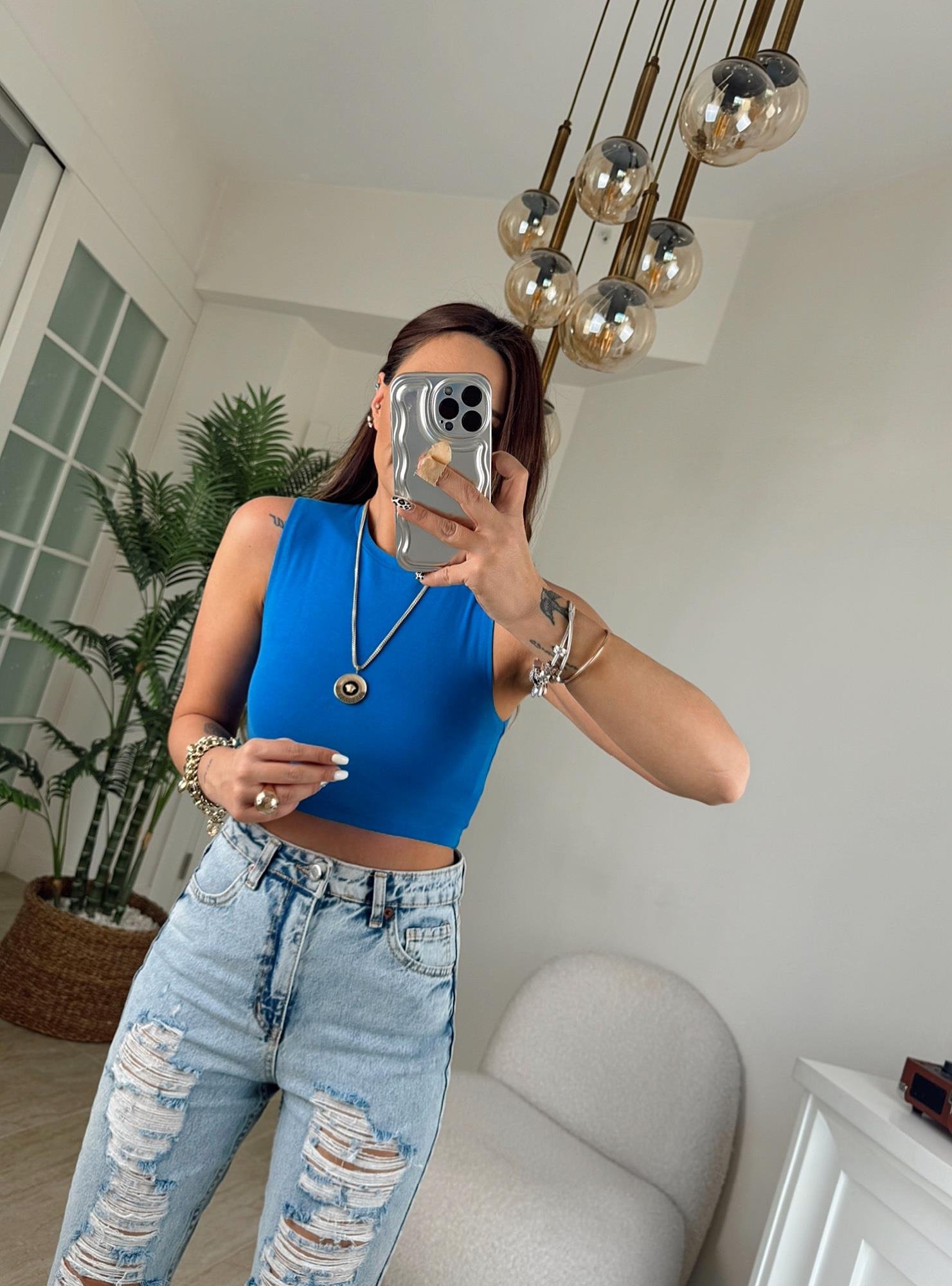 Pamuklu Kolsuz Saks Mavi Crop Badi