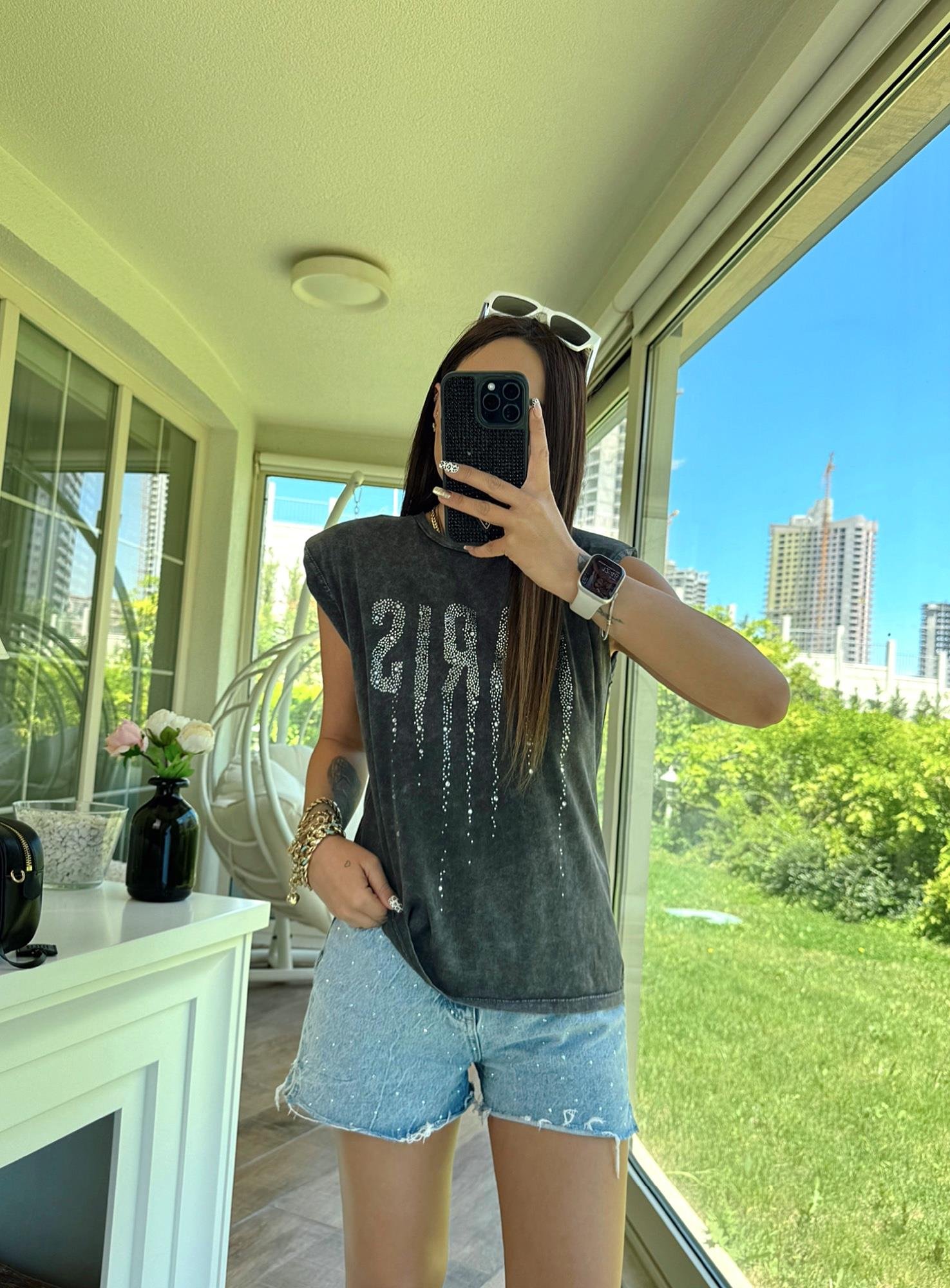 Paris Baskılı Damla Taşlı Tshirt