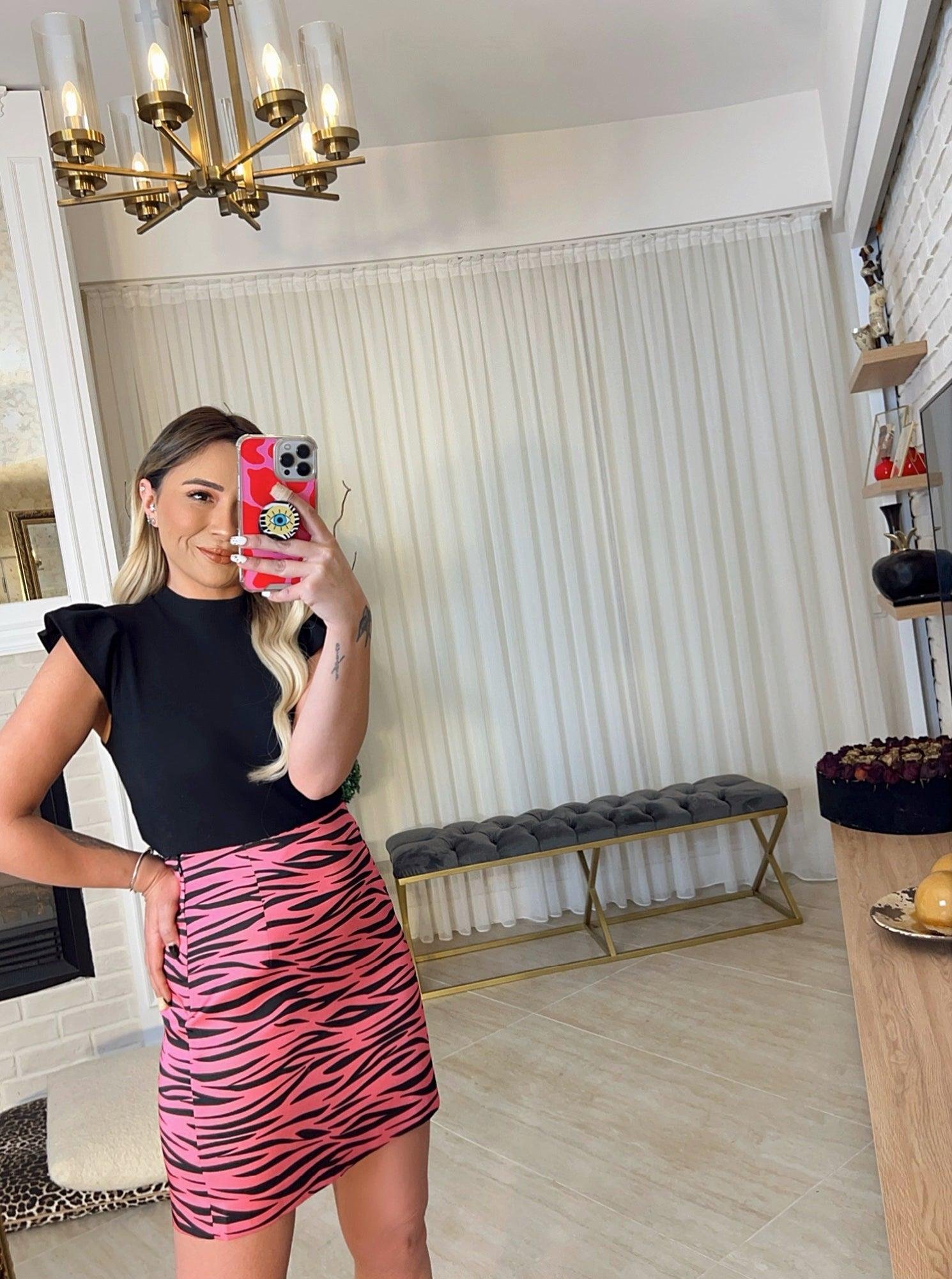 Pembe Zebra Desen Saten Etek