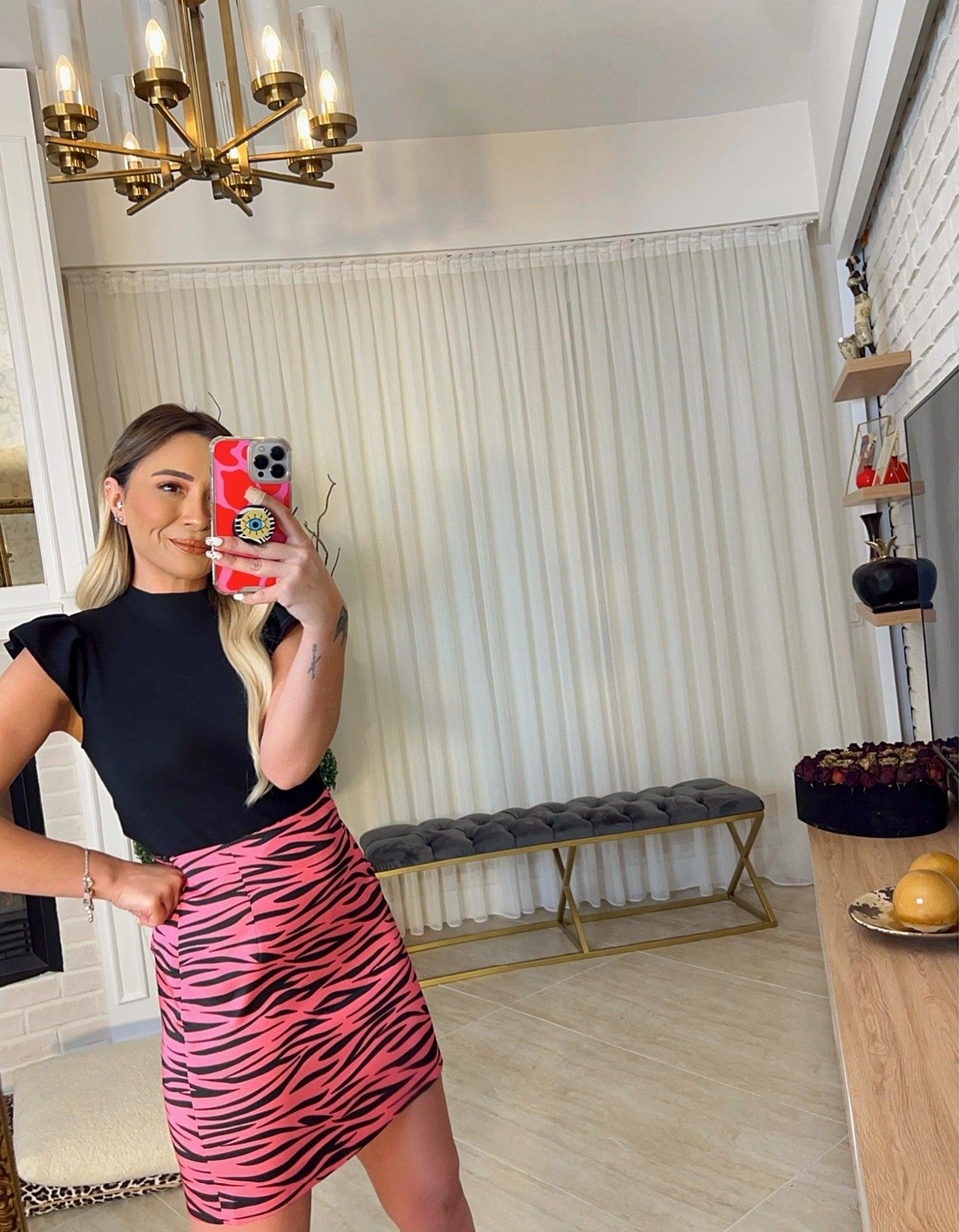 Pembe Zebra Desen Saten Etek