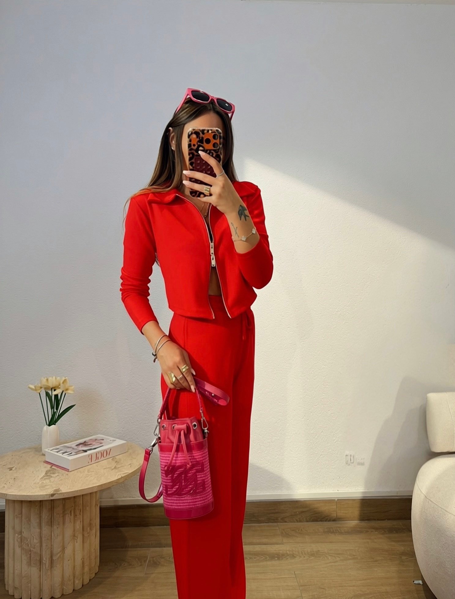 Polo Yaka Çift Fermuarlı Modal Kırmızı Takım