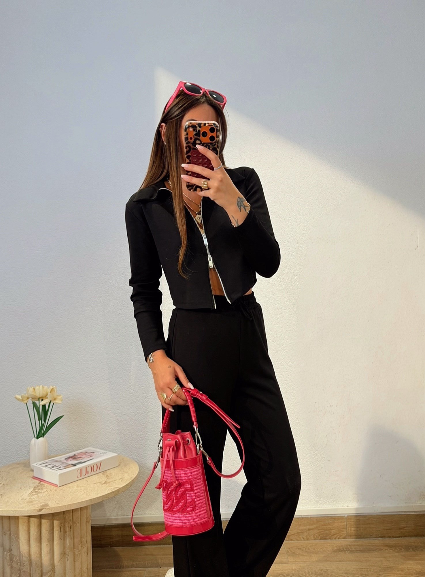Polo Yaka Çift Fermuarlı Modal Siyah Takım