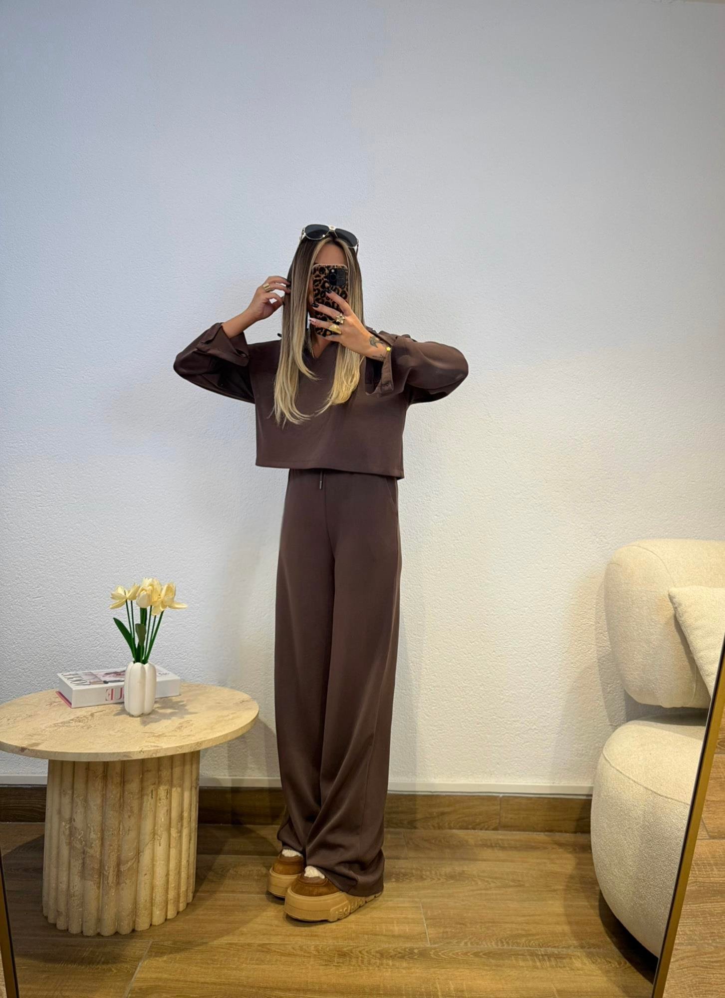 Polo Yaka Kolları Yırtmaçlı Modal Kahve Takım